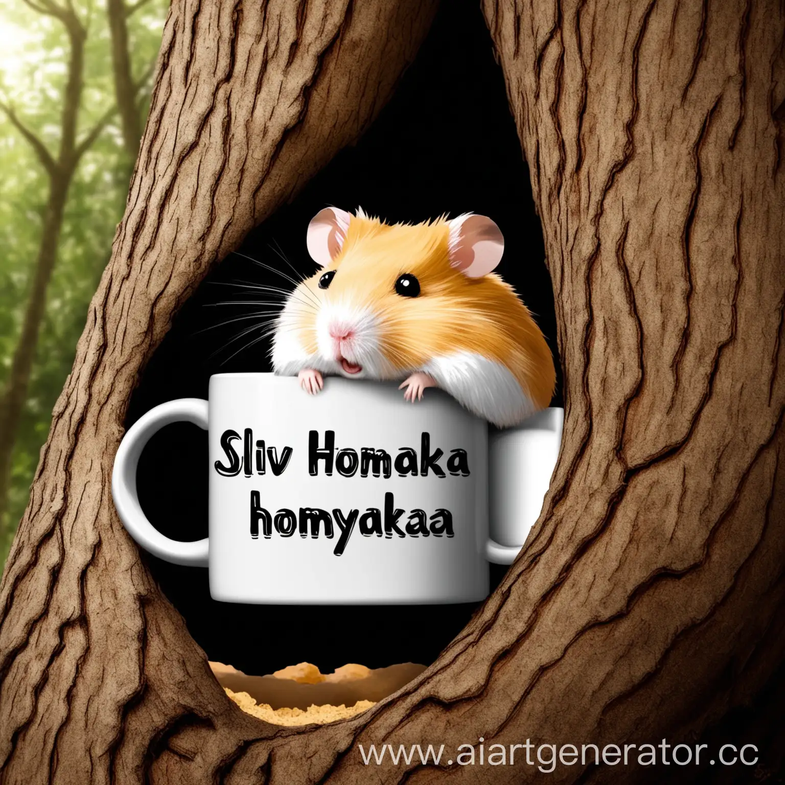Make a hamster on a tree with a mug that says Слив хомяка