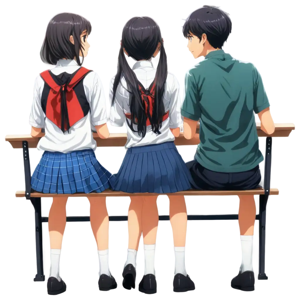 An anime boy and girl sitting on bench in a classroom talking  back view 