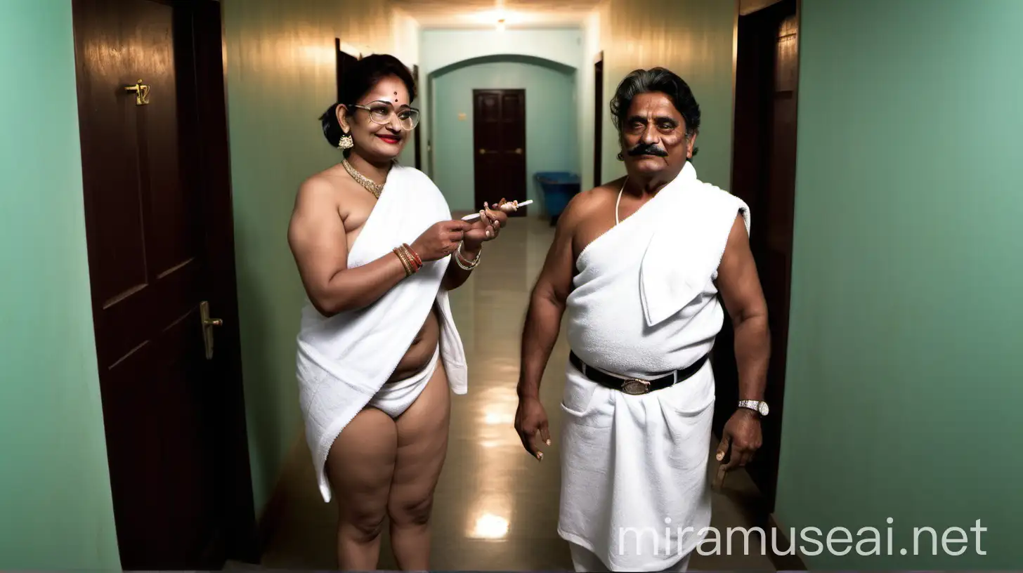 A indian mature  fat woman having big stomach age 57 years old attractive looks with make up on face standing with a 21 years old muscular male  ,binding her high volume hairs, Gajra Bun Hairstyle ,wearing metal anklet on feet and high heels, smoking a cigar  in her hand   , smoke is coming out from cigar  . she is happy and smiling. she is wearing pearl neck lace in her neck , earrings in ears, a power spectacles on her eyes and wearing  only a  white velvet  bath towel on her body. she is with a muscular man having age 21 ,the man is holding a big fish ,in background there is a luxurious  
 specious corridor the both are standing  inside that luxuriouscorridor
  , rose flowers are on corridor , with many cats in it and its dark night time. show full body from top to bottom and show a detailed  long shot 
frame.