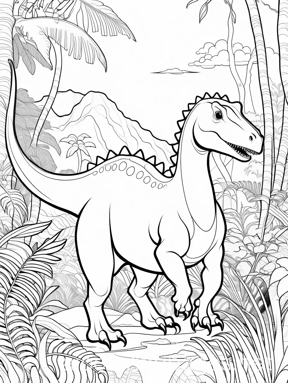 dinosaur in the jungle, Coloring Page, black and white, line art, white background, Simplicity, Ample White Space. The background of the coloring page is plain white to make it easy for young children to color within the lines. The outlines of all the subjects are easy to distinguish, making it simple for kids to color without too much difficulty
