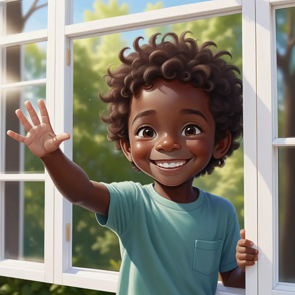 A digital art portrait of a smiling 5-year-old black boy with brown hair , waving hello from an open window. The window's white wooden frame extends around the image edges. Soft natural light illuminates the boy's face. Outside the window, a blurred background of green trees and blue sky creates a sense of depth. The composition centrally frames the boy, focusing on his friendly wave and joyful expression, conveying a heartwarming sense of inclusion and positivity.
