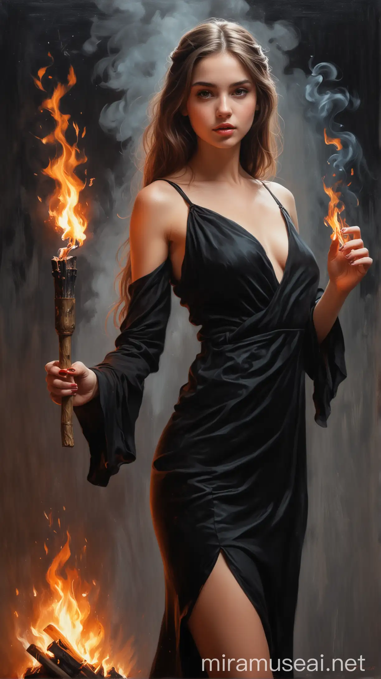 Painting of a seductive young girl in black dress holding fire in her hand