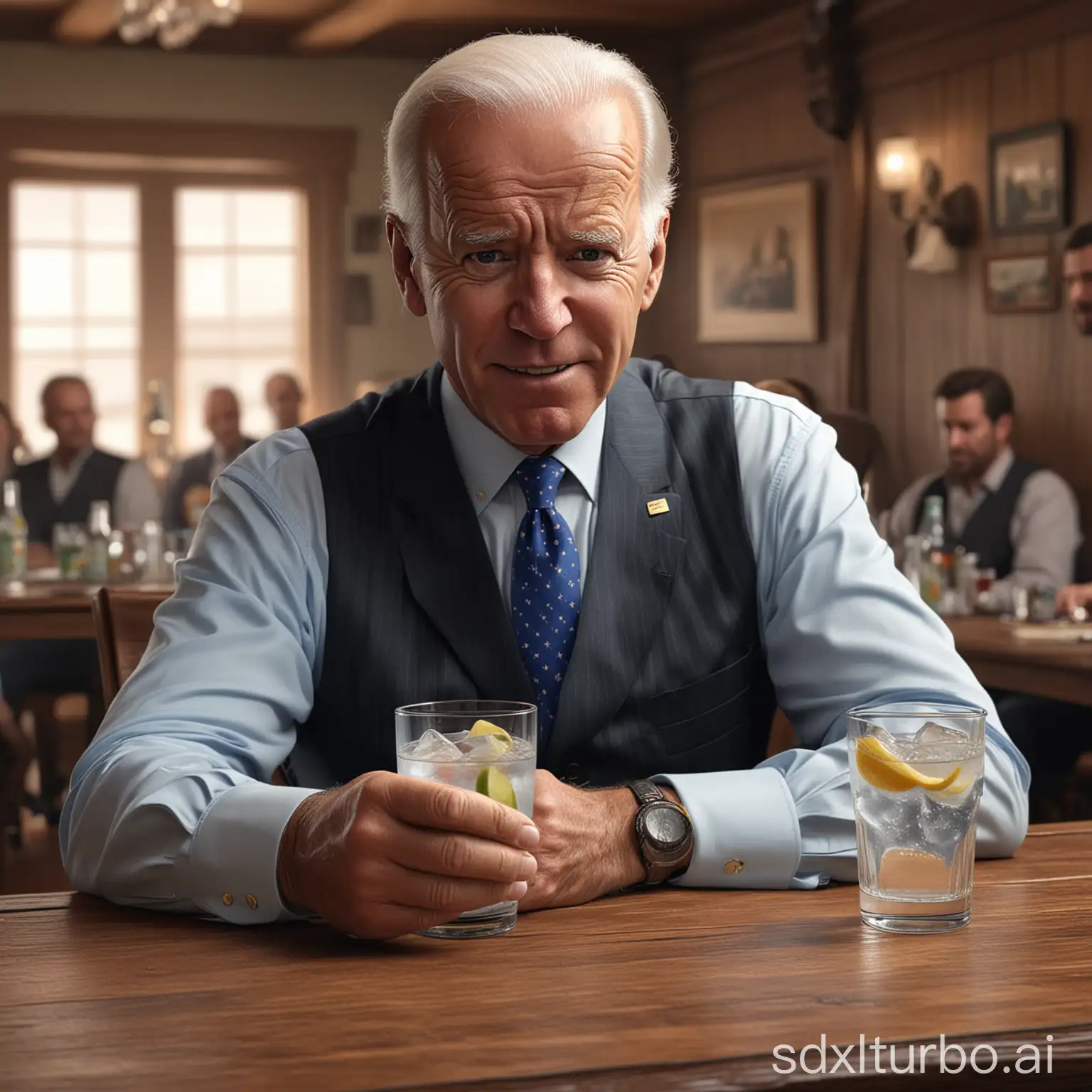 An extremely photo realistic image of Joe Biden with TWO GINTONIC he is HOLDING ONE GIN TONIC IN EACH HAND about to OUT DRINK his COMPETITION IN A WESTERN SHOOTOUT STYLE DRINK OFF under the table, Party, Western, Presidential, 8k, photorealistic