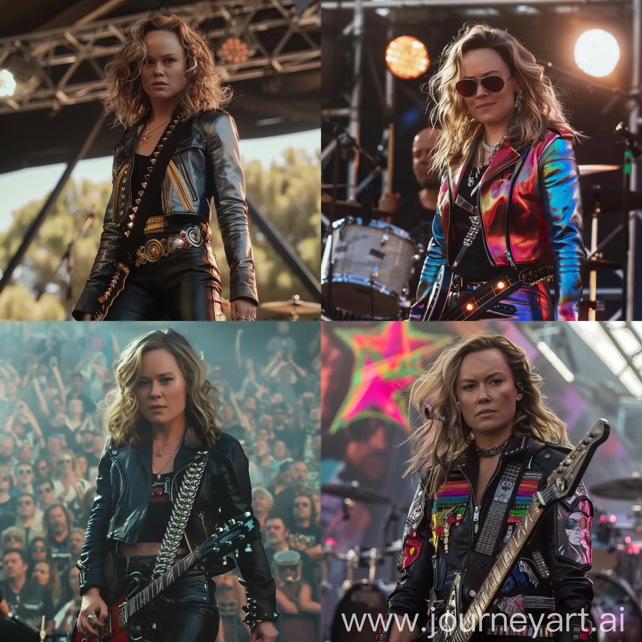 Brie Larson dressed as a rocker at the Metallica concert, 8k, Cinematic scenes