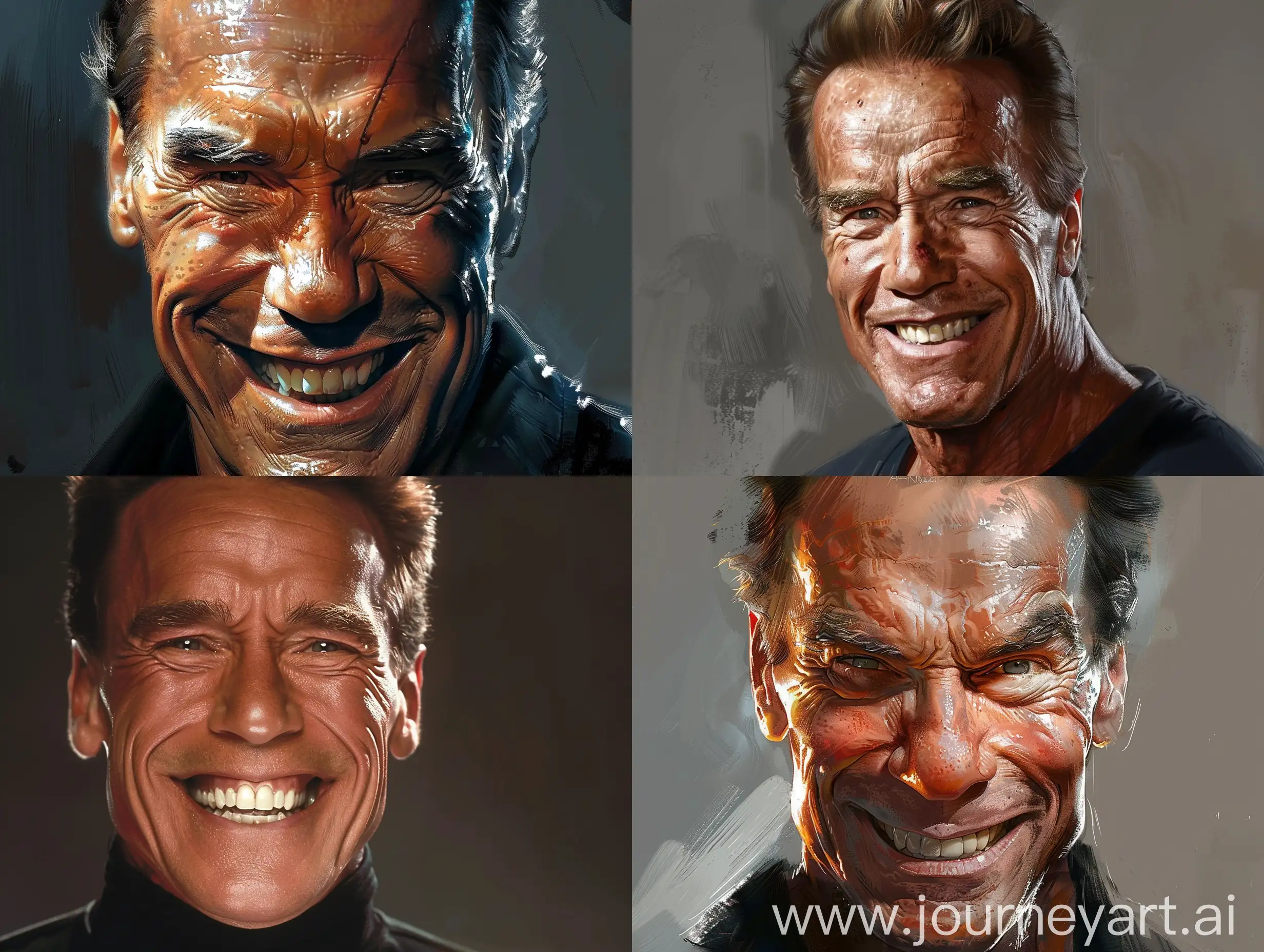 YouTube thumbnail depicting the concept "Dark Side of Being Famous: Arnold Schwarzenegger". The thumbnail should prominently feature Arnold Schwarzenegger with a villain smile. The image should be detailed and realistic, conveying the dual nature of fame and its potential darker aspects without any text overlaid on the thumbnail. The background should be neutral to emphasize Schwarzenegger's expression and the devilish features.
