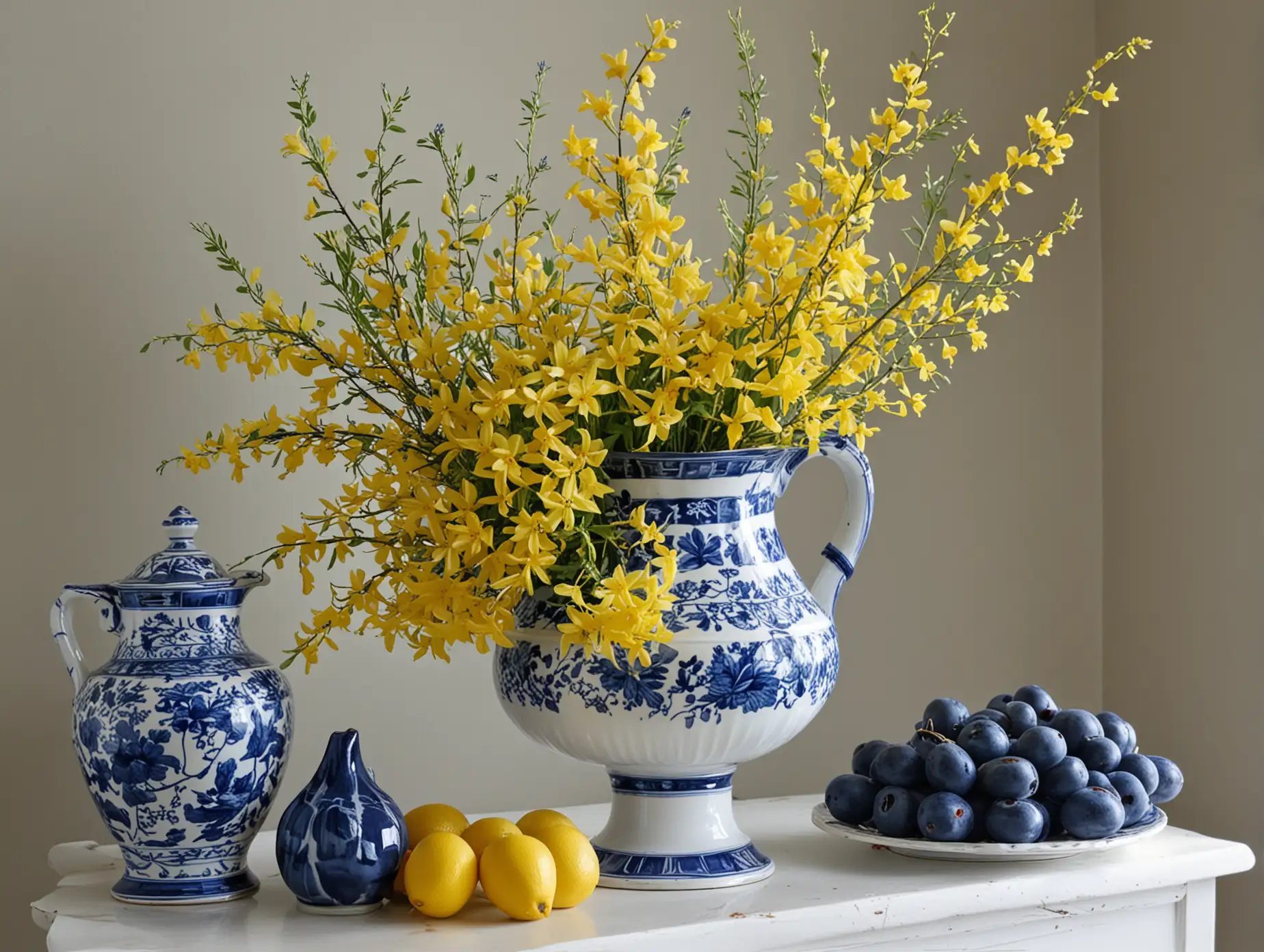 FRUIT IN A FOOTED BLUE AND WHITE COMPOTE WITH A PEDESTAL, WITH ONE BOQUET OF FORSYTHIA BRANCHES IN A BLUE AND WHITE PITCHER