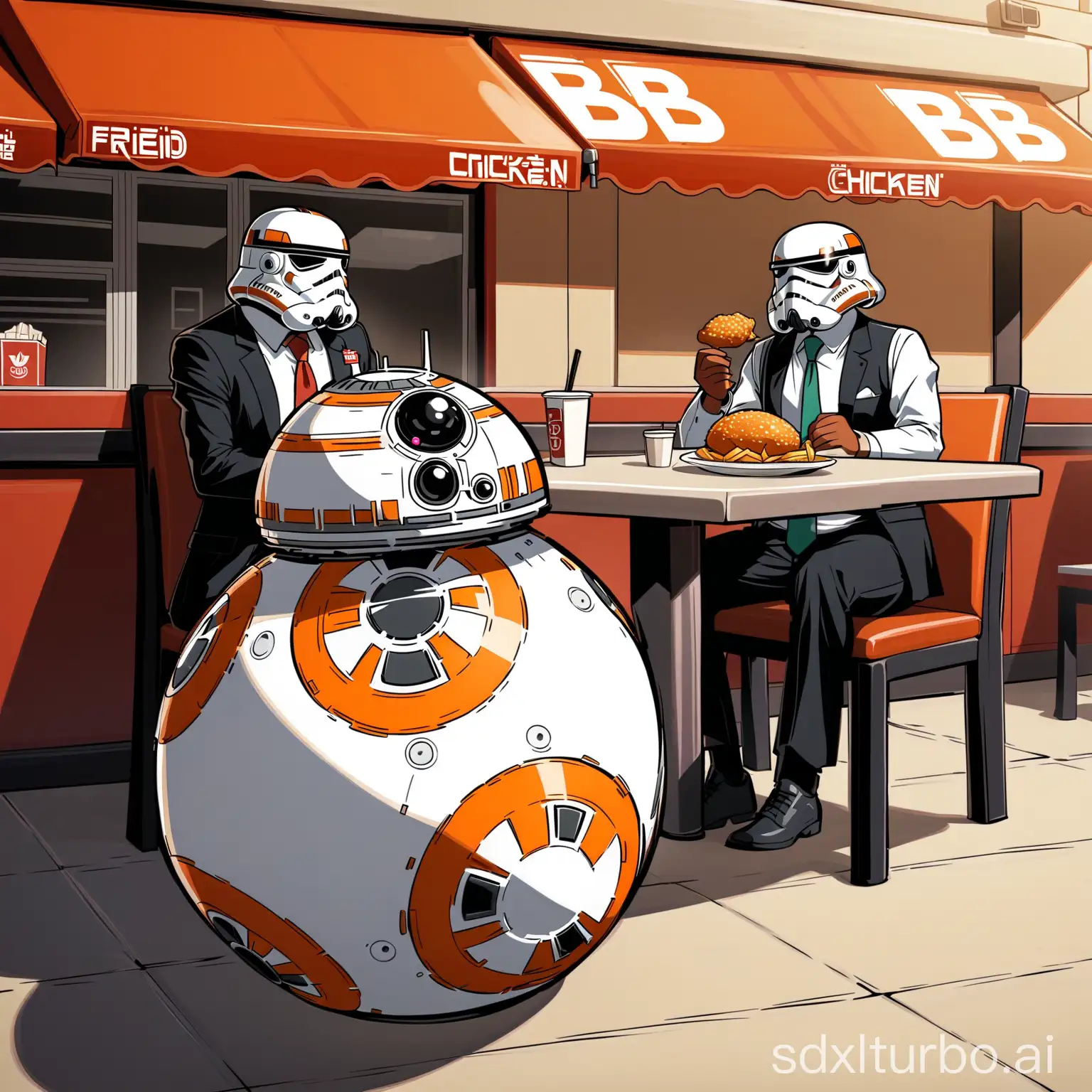 Two BB8s wearing ties are eating fried chicken at a fried chicken restaurant