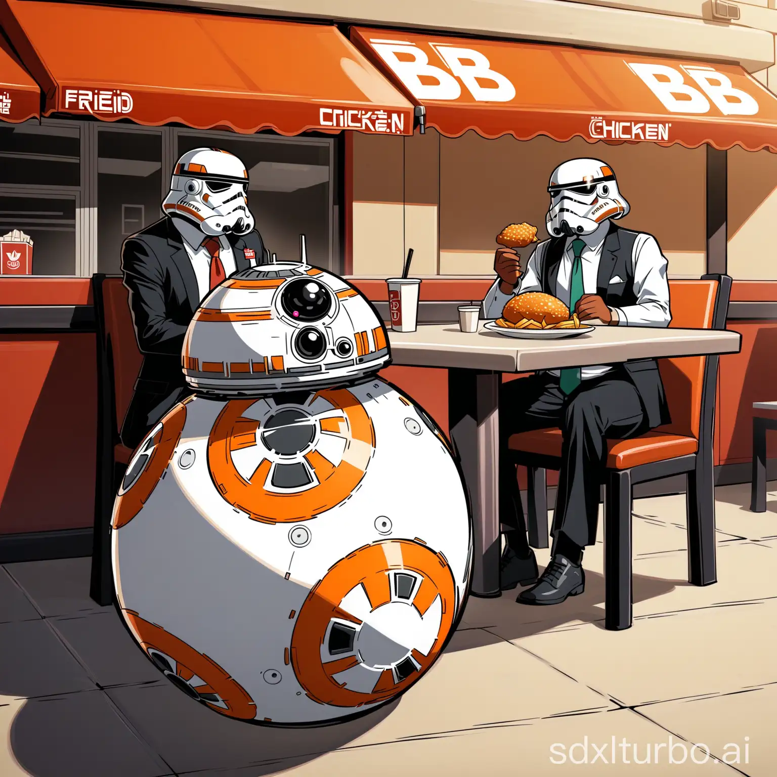 BB8-Droids-Enjoying-Fried-Chicken-Feast-at-a-Vibrant-Chicken-Restaurant