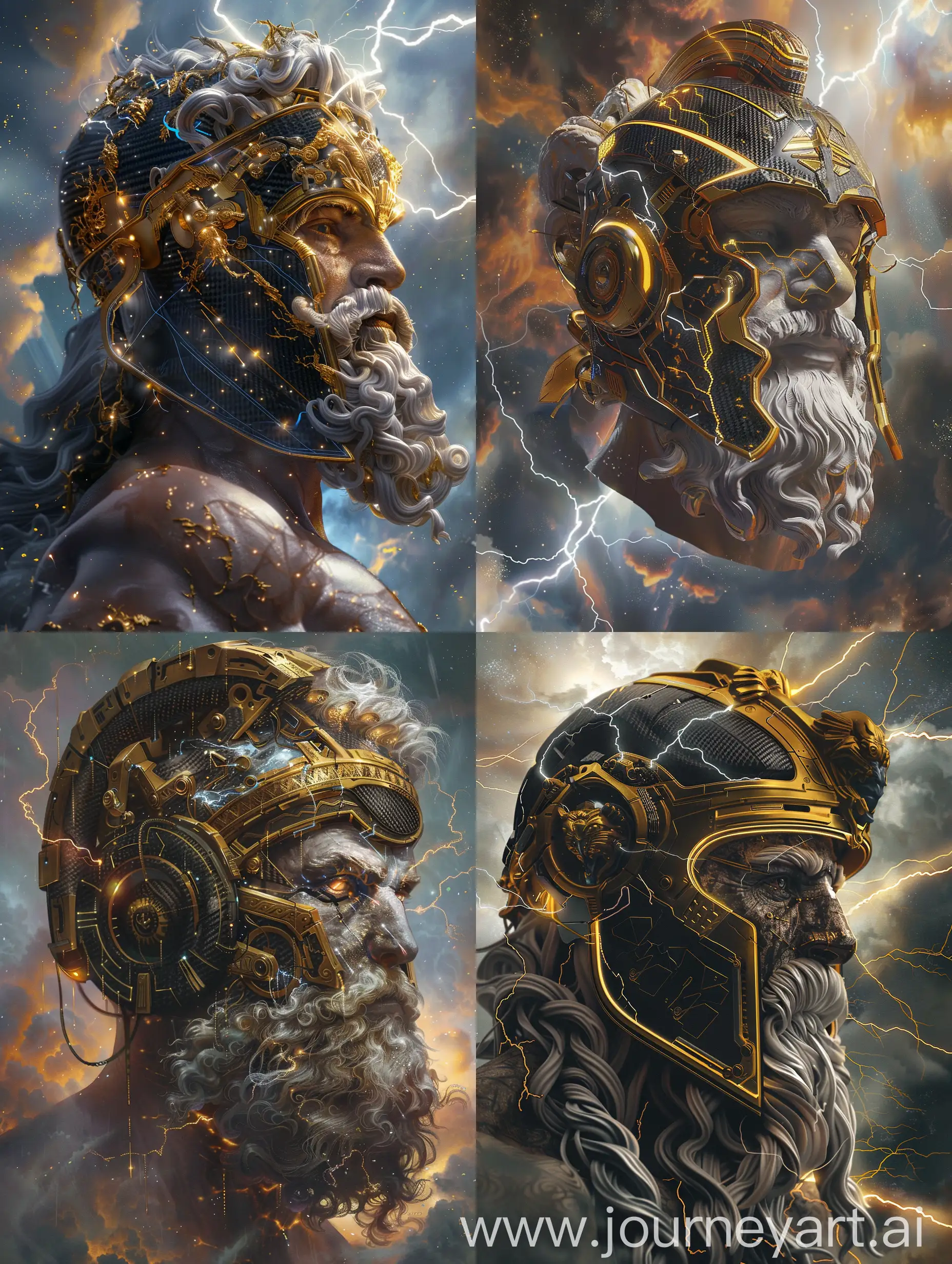 Against a celestial backdrop, evoking the splendor of Olympus, behold the imposing presence of Zeus, the king of gods, now adorned with a cybernetic helmet seamlessly integrated with his majestic divine visage. This helmet, a marvel of modern technology, harmoniously merges with Zeus's classical features, displaying intricate details of carbon fiber intertwined with golden ornaments and pulsating lightning. Symbolizing