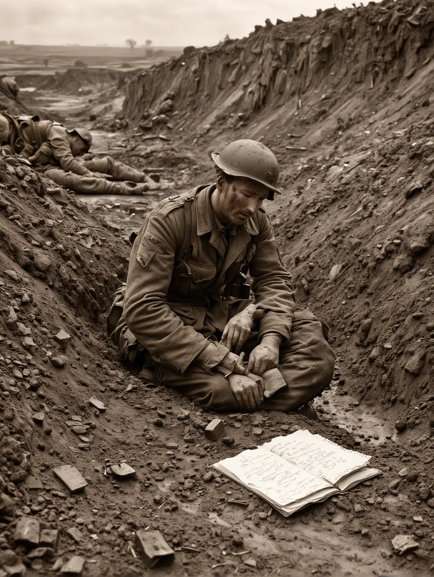 Wilfred Owen soldier and Dying British soldier lying in a dirty, muddy, desolate blown-out bomb crater. Owen is writing in his notepad with his pen as he lies next to the man. The war is raging in the background outside the large bomb crater. Own is facing towards us almost lying his back against the bomb crater wall.Next to a dying british soldier at war. the war is going on in the background.Owen and the soldier are alone in the LARGE bomb crater and they are isolated. The picture is a bit of them in the crater and then the desolate land in the distance of the war that is going on and the fields. Owen is lying next to the man while writing in the notepad. The crater is muddy and dirty. The man lays still.Owen is lying next to a fallen british soldier while writing in his notepad.