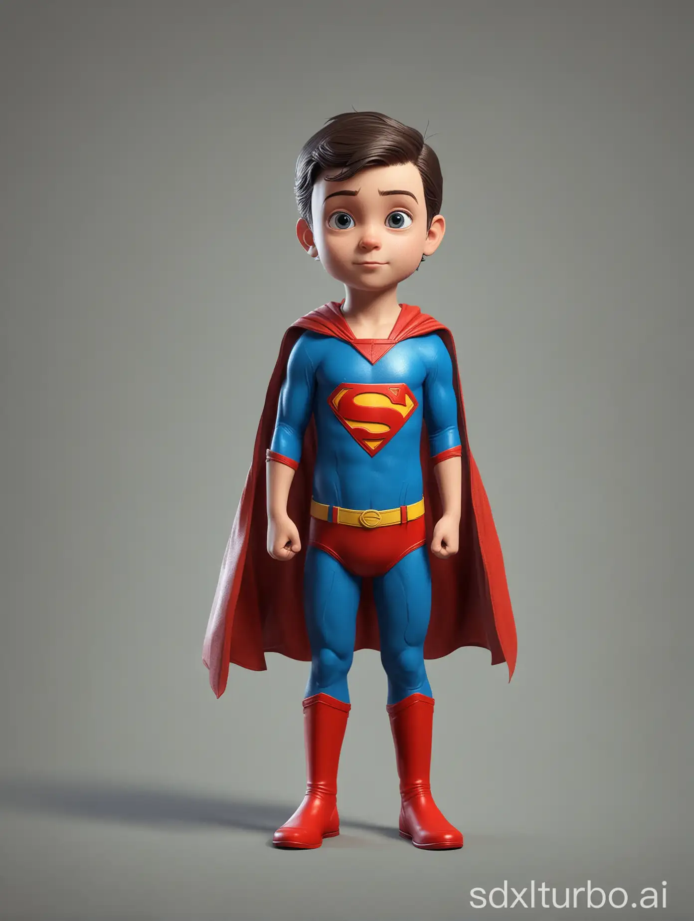 Little child Superman, game character, stands at full height