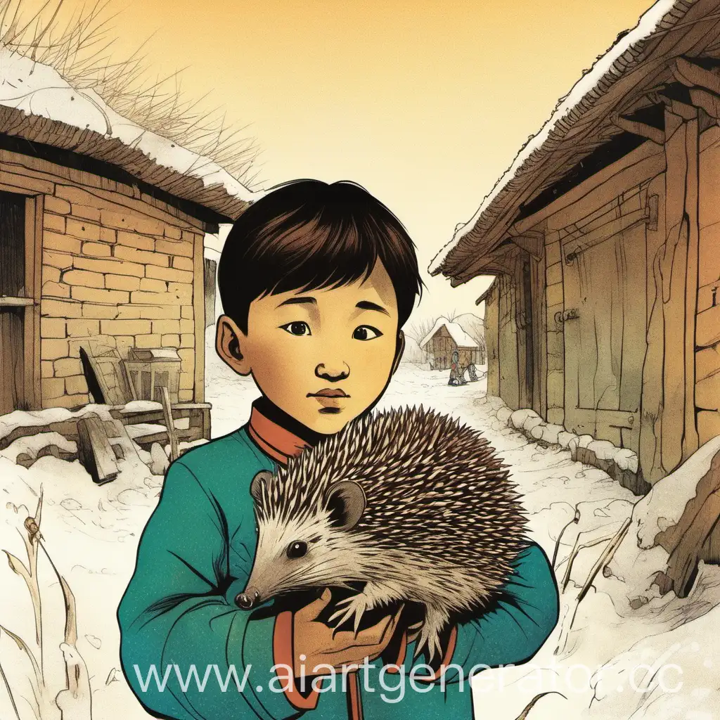 Kazakh-Boy-Yesen-Holding-Hedgehog-in-1980-Illustration