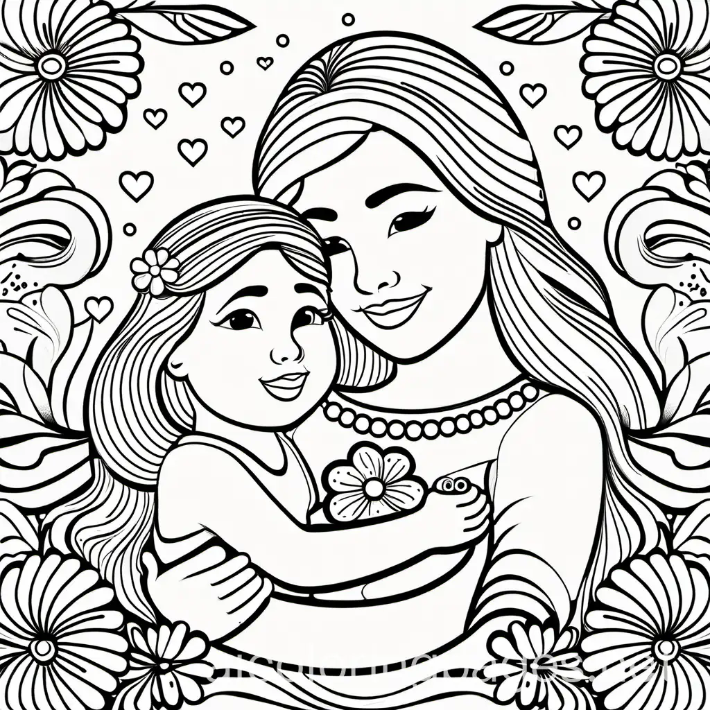 mother day, Coloring Page, black and white, line art, white background, Simplicity, Ample White Space. The background of the coloring page is plain white to make it easy for young children to color within the lines. The outlines of all the subjects are easy to distinguish, making it simple for kids to color without too much difficulty