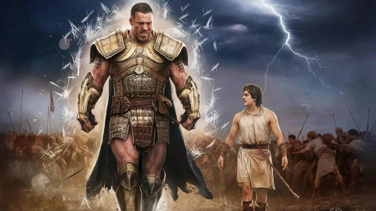 Goliath's armor clanking loudly as he strides confidently towards David.