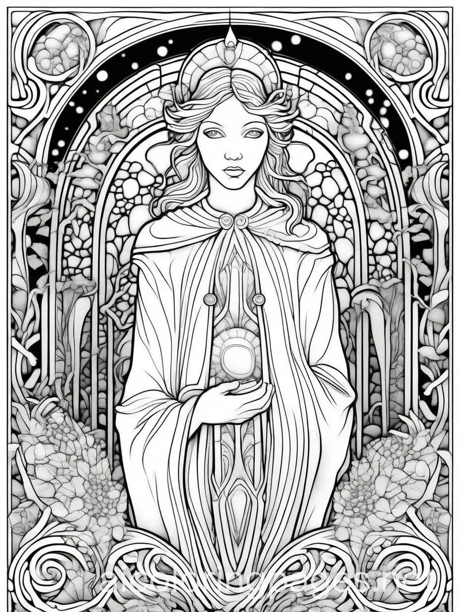Graphic illustration, Albertonectes, fantasy, etherial, beautiful, Art Nouveau, in the style of JB Monge, Coloring Page, black and white, line art, white background, Simplicity, Ample White Space. The background of the coloring page is plain white to make it easy for young children to color within the lines. The outlines of all the subjects are easy to distinguish, making it simple for kids to color without too much difficulty