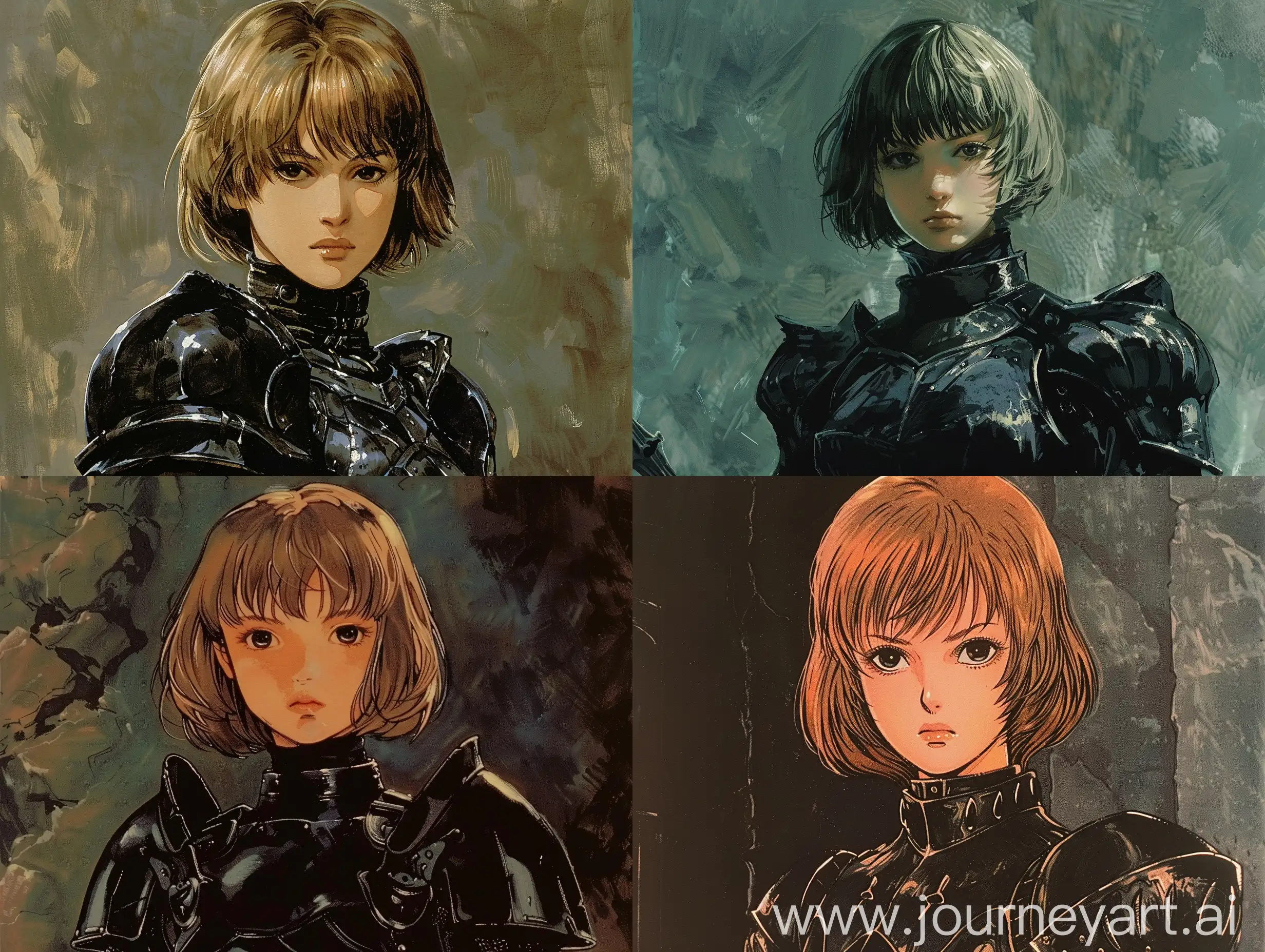 screenshot from the dvd of the Dark Souls fantasy illustration from the 1987s. Artistic illustration of a girl with short, chin-length blonde hair. Her armor is made of black leather. screenshot from the 1987 Dark Souls fantasy book illustration DVD.