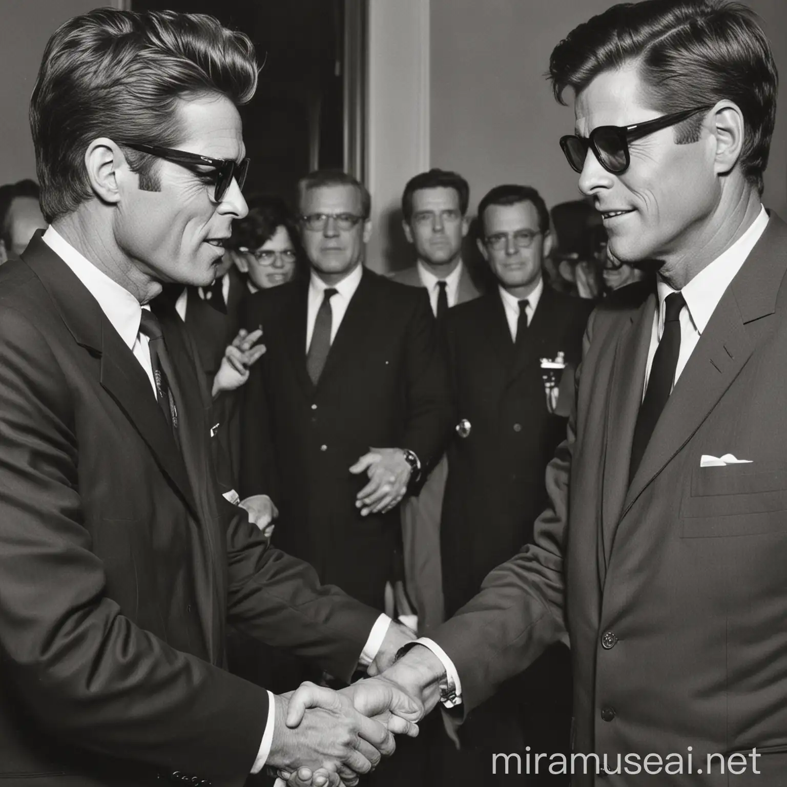 William Dafoe wearing thick glasses shaking hands with John F. Kennedy. Photo.
