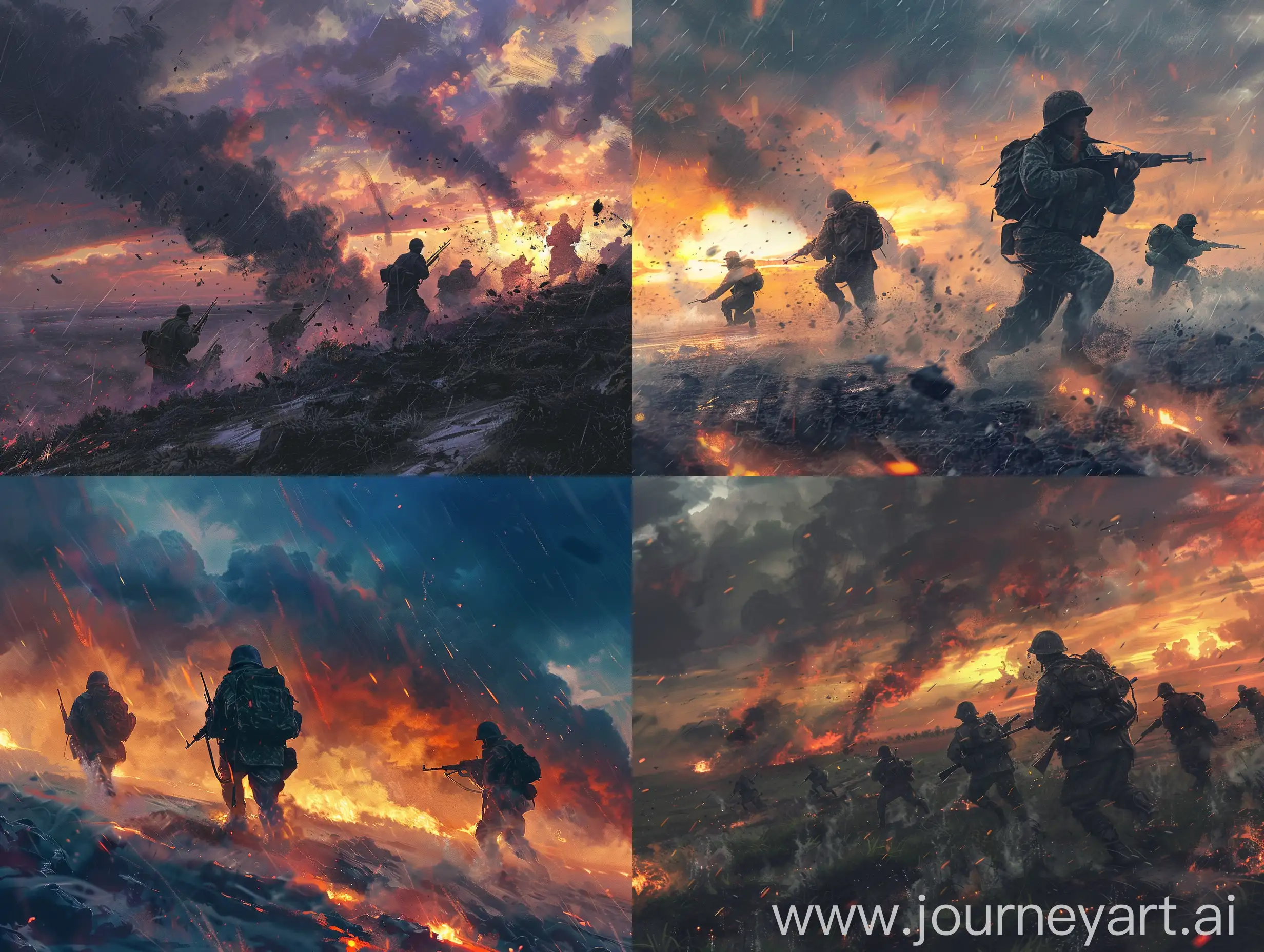 Russian army soldiers troops wind stones rain dawn shooting battle battle clouds war