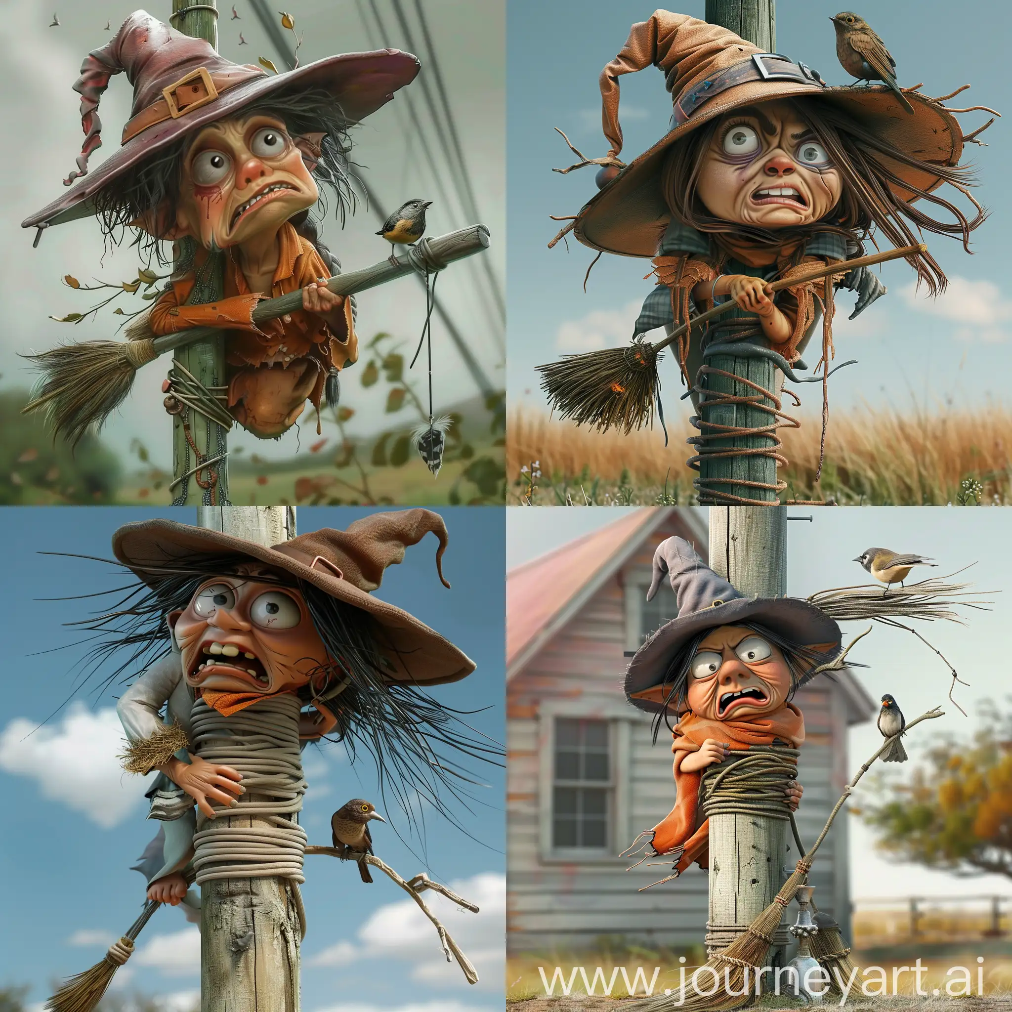 Create an image of  photo realistic image of a funny, goofy caricature of a distressed looking witch on a broom who crashed into a telephone pole and wrapped around it in a comical fashion. A curious bird is perched on the brim of her hat and looking at her.