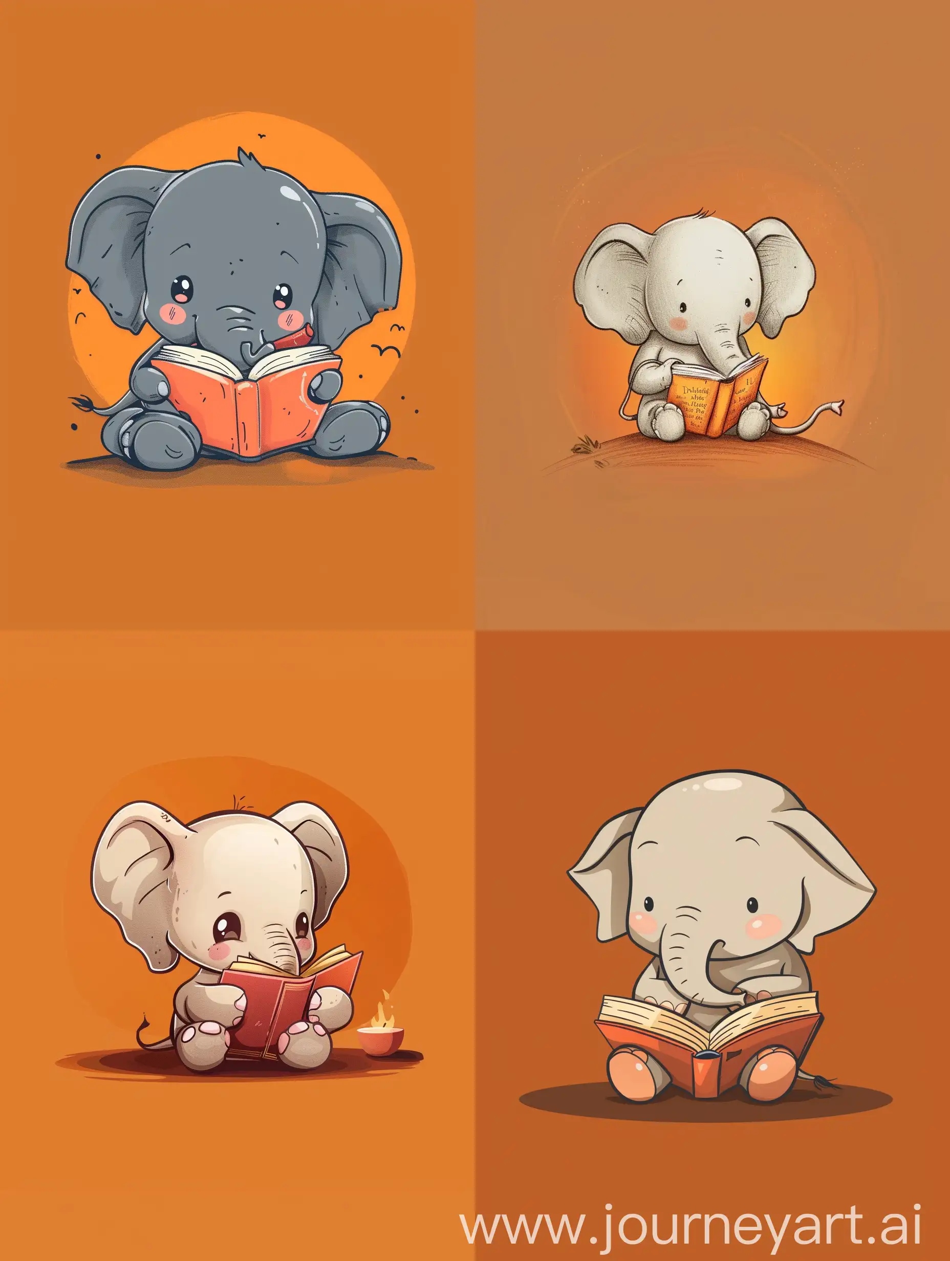 thin line style chibi cute elephant reading a book, with solid dark orange background, small object and center concentrated image, far view point