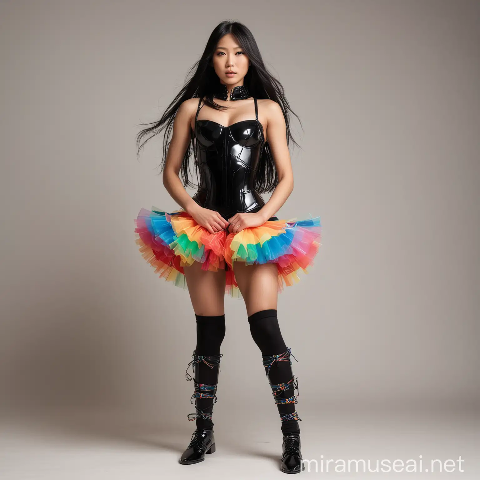 Standing front view, Beautiful toned athletic muscular figure female Japanese supermodel, long black hair, in sleeveless black knight armor made of metal, bare shoulders, exposed midriff, exposed shoulders, sleeveless, giant rainbow ballerina tutu, rainbow thigh-high socks, white background