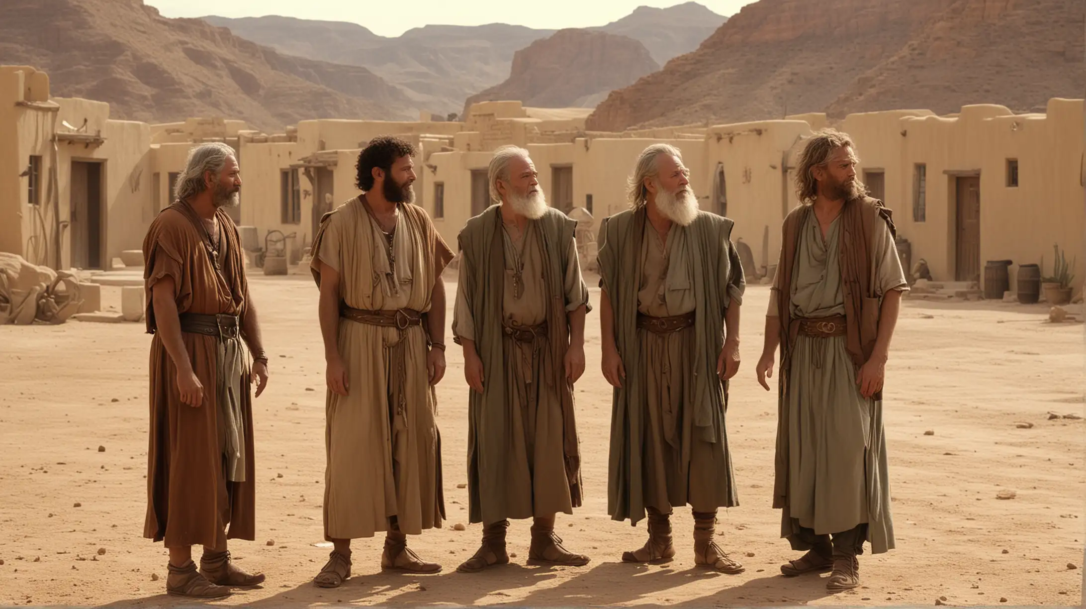 Four Men Discussing in a Biblical Desert Town