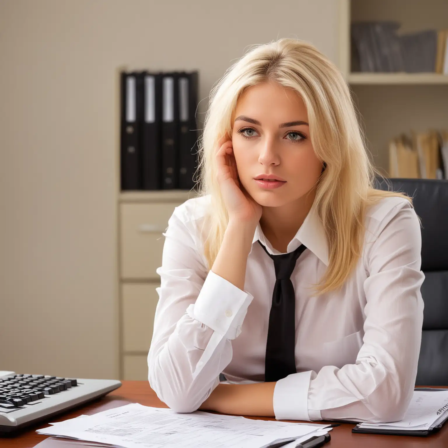 Elegant Blonde Secretary Exhausted from Days Work in Corporate Setting