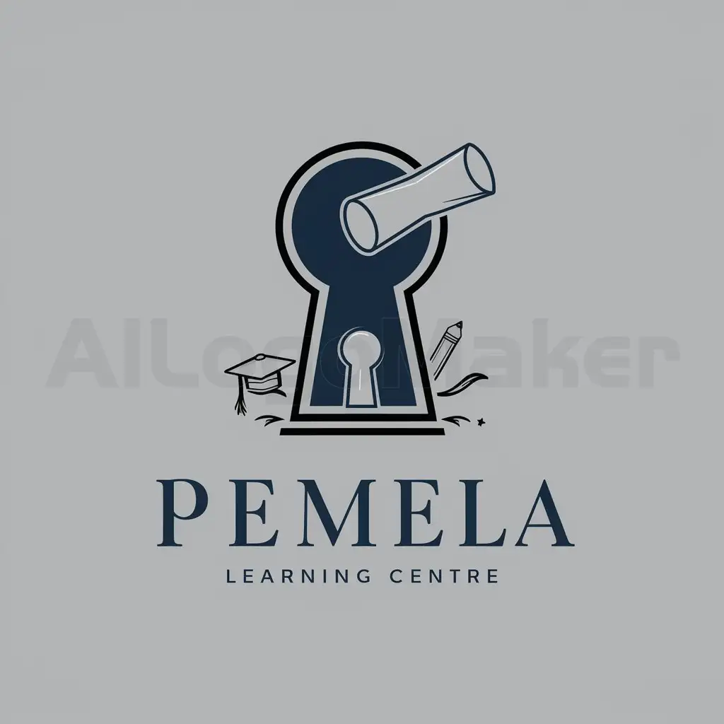 a logo design,with the text "Pemela Learning Centre", main symbol:Design: A stylized keyhole with a book or diploma emerging from it, symbolizing unlocking knowledge and education. The keyhole can be designed to resemble the letter 'P' subtly. Font: Serif or elegant font for the company name, projecting sophistication and professionalism. Color: Deep blue keyhole with black outlines, and the book or diploma in white or contrasting blue. Extra Feature: Incorporate subtle elements like a graduation cap or a pencil to reinforce the educational aspect.,Moderate,clear background