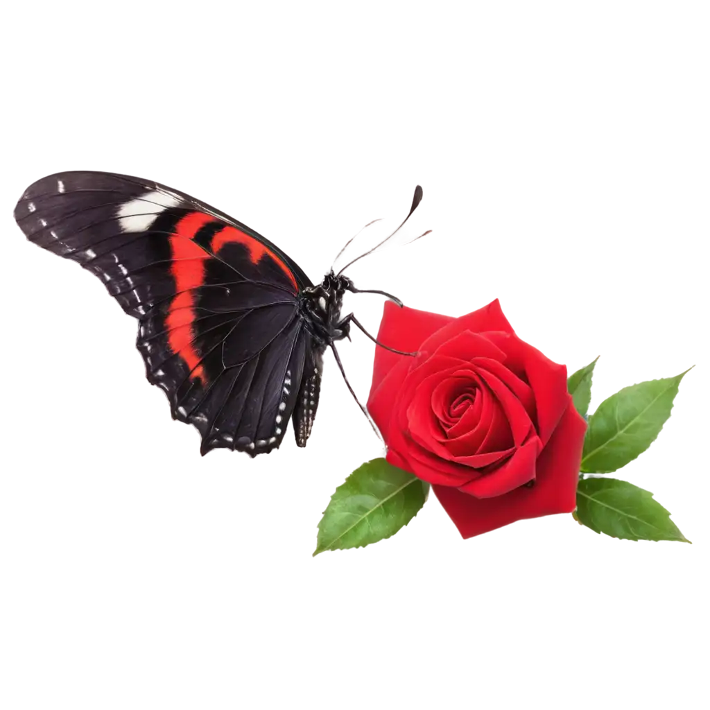 butterfly siting on a red rose with leaves and thorns