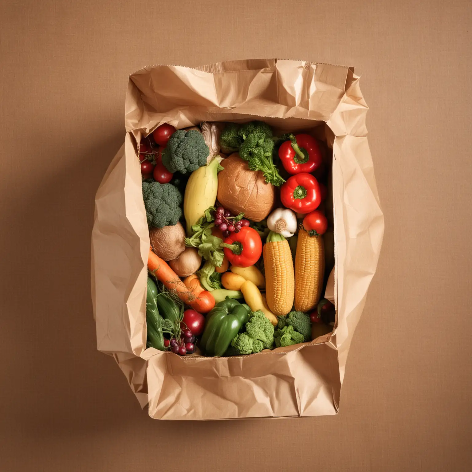 Full paper bag of groceries. Top view