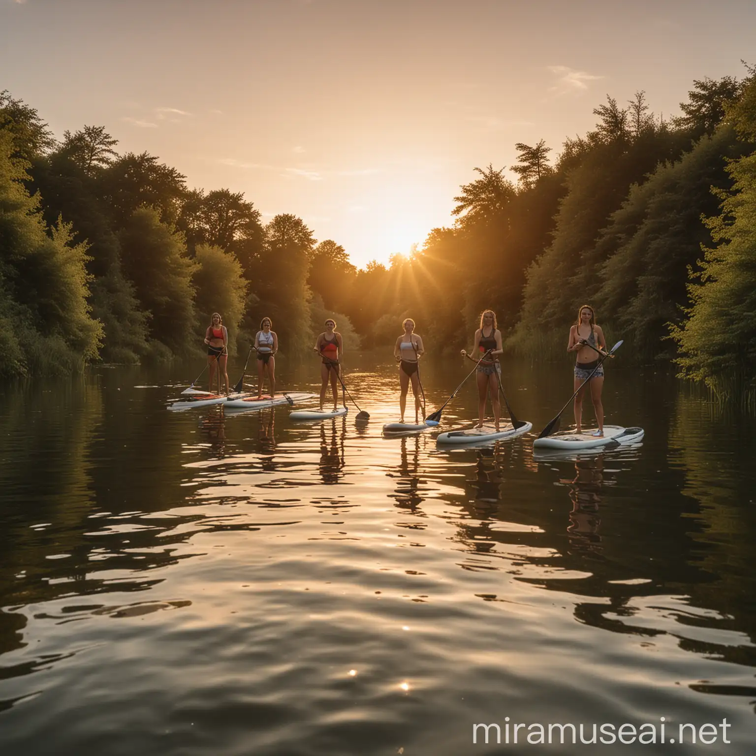 A low angle full body shot of four people paddleboarding on a UK lake at sunset, with the serene water reflecting the warm hues of the setting sun, surrounded by lush greenery, the atmosphere is calm and peaceful, during the golden hour, shot with a Sony A7R IV, 28mm lens, vibrant colors