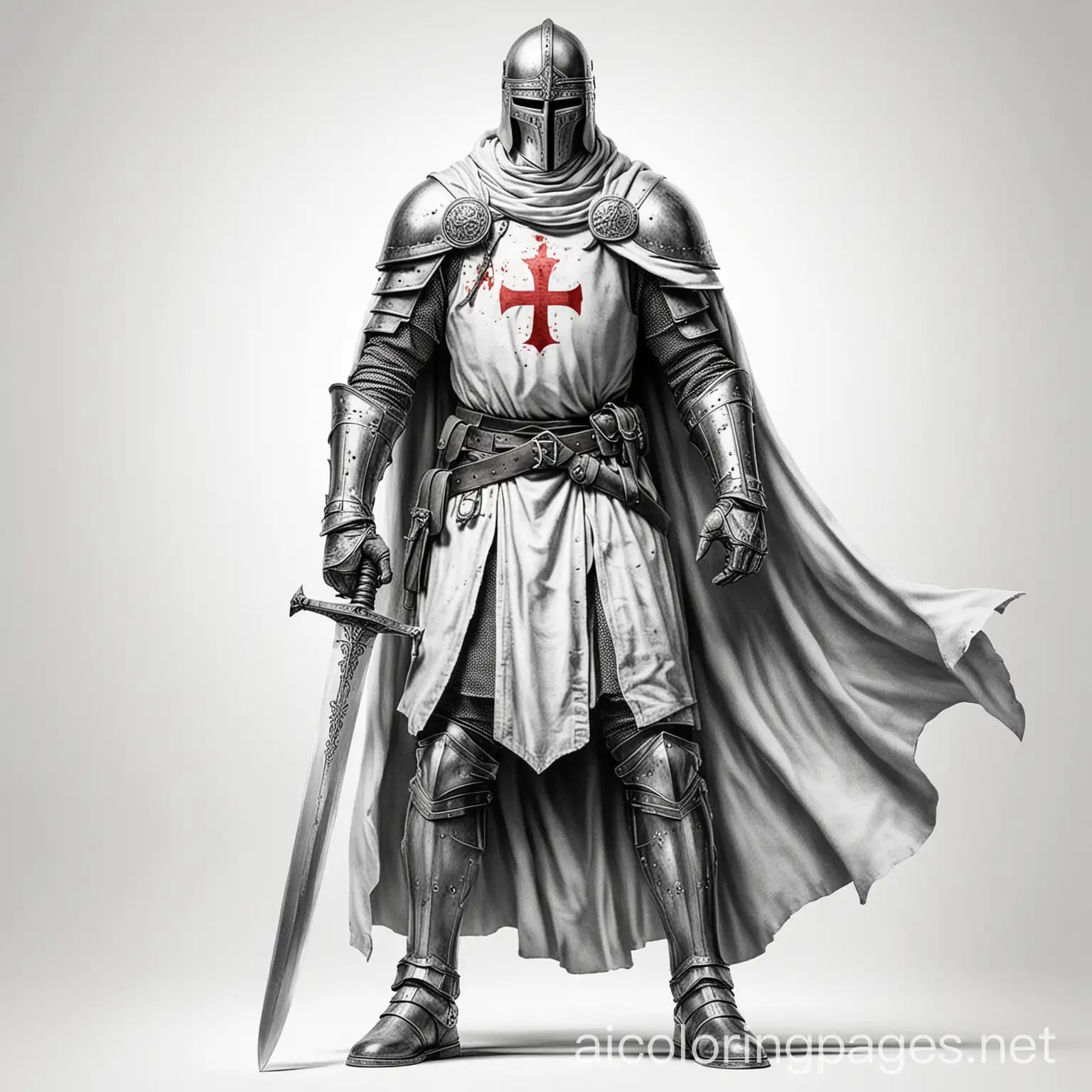 knight templar with a sword, Coloring Page, black and white, line art, white background, Simplicity, Ample White Space. The background of the coloring page is plain white to make it easy for young children to color within the lines. The outlines of all the subjects are easy to distinguish, making it simple for kids to color without too much difficulty