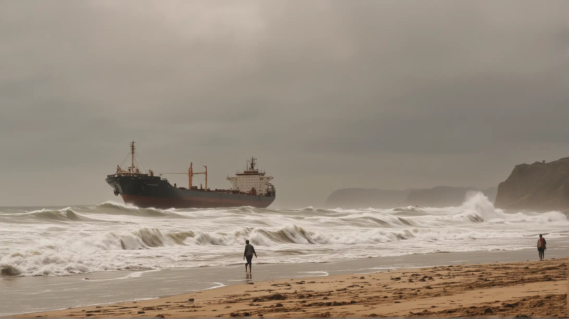 People Walking on Sandy Beach with Distant Cargo Ship and Big Waves