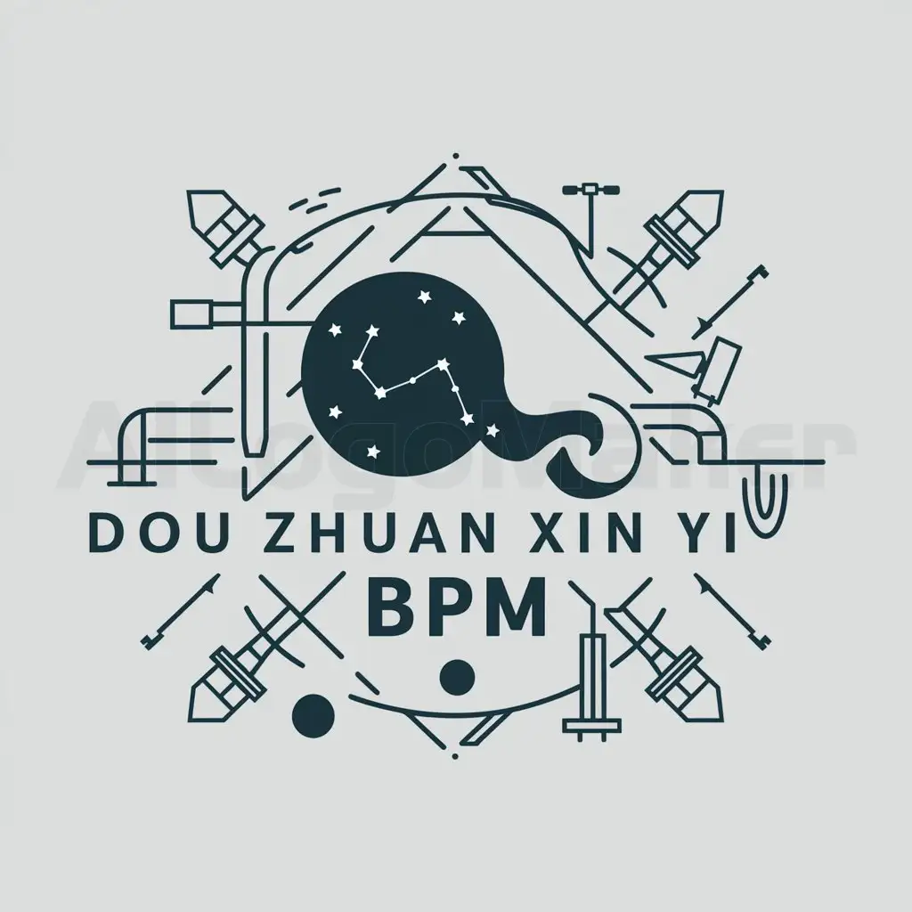 a logo design,with the text "dou zhuan xin yi BPM", main symbol:Big Dipper, Big Dipper star, pipeline, geometric figure, satellite orbit, GPS signal, streamline, fluid dynamics, symmetry, satellite, abstract, maintenance tools,Moderate,be used in Technology industry,clear background