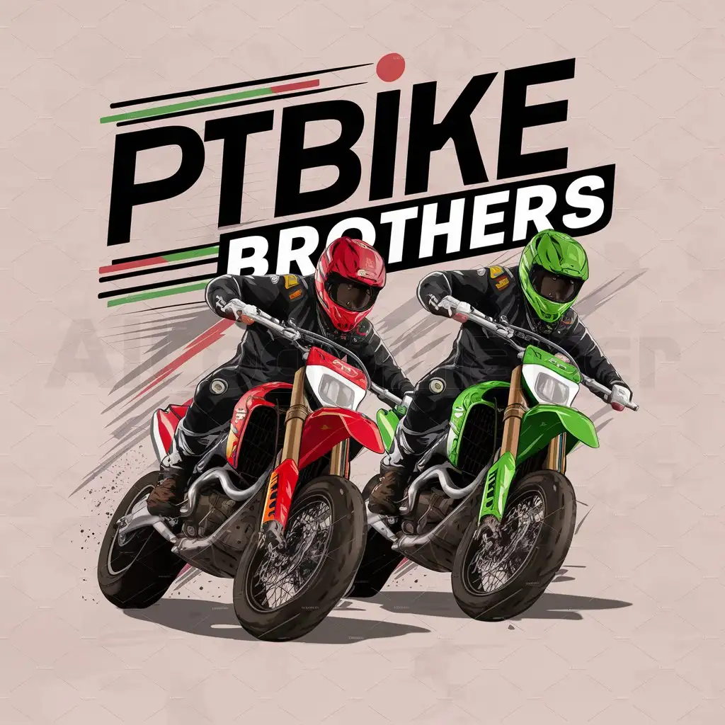 a logo design,with the text "Pitbike Brothers", main symbol:2 Brother on supermoto bikes one is red one is green,Moderate,clear background