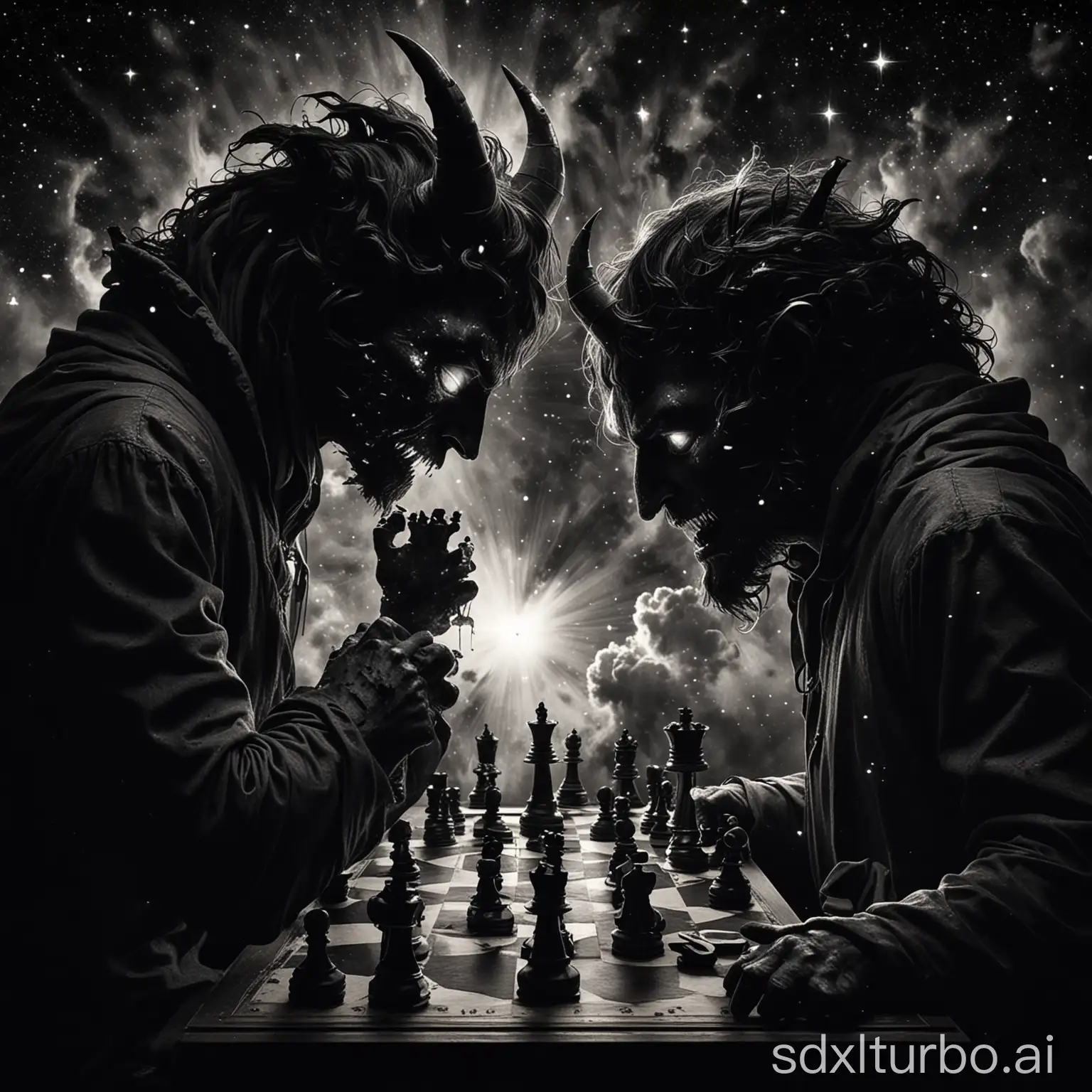I want you to imagine two dark demons playing chess in a silhouette against the backdrop of a black hole where stars are exploding!