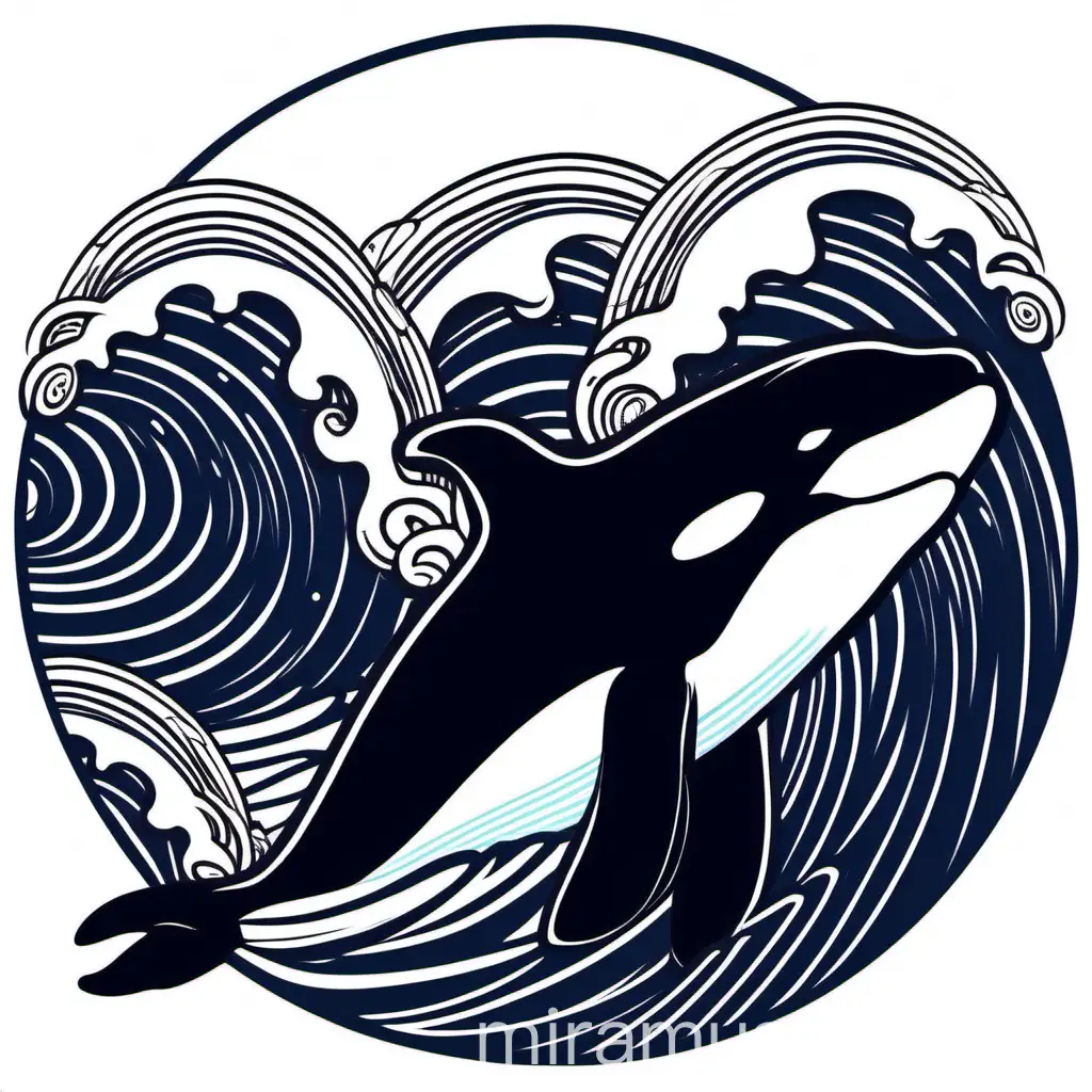An orca featuring waves in japanese line art or stroke style. Use thick lines/strokes and make the picture circular. Even the orca has to be in the form of line/stroke style. 