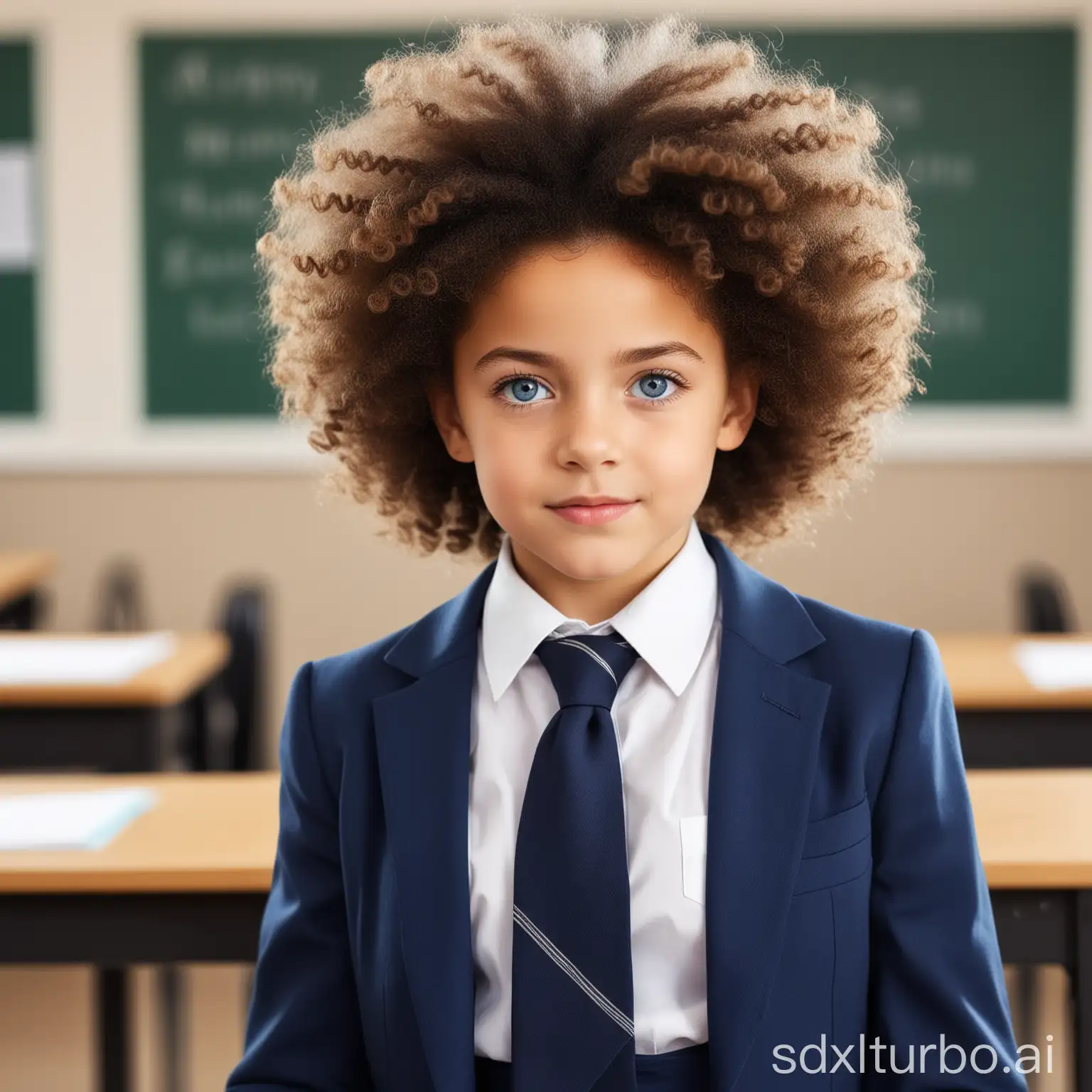 a 7 years old little white most beautiful girl, beautiful in face with brow color hair, exaggerate Afro style hair, blue eyes, wearing a dark blue suit, tie, and skirt in the classroom, back ground is teacher and students in same uniform