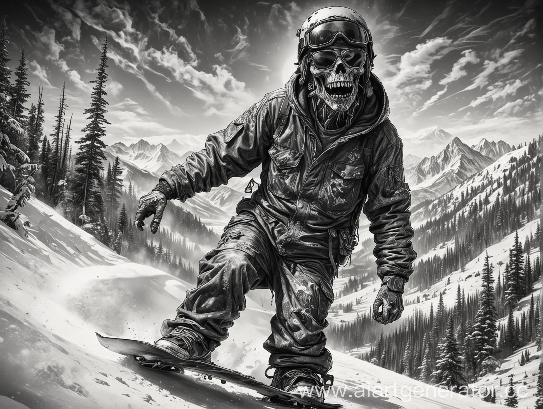 зомби нежить на сноуборде в каске и очках черно-белый рисунок