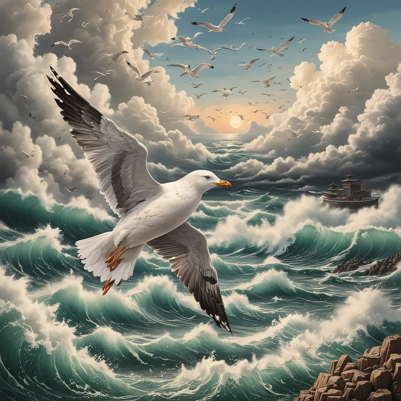 Courageous-Seagull-Soaring-Above-Cloudy-Sea-Waves
