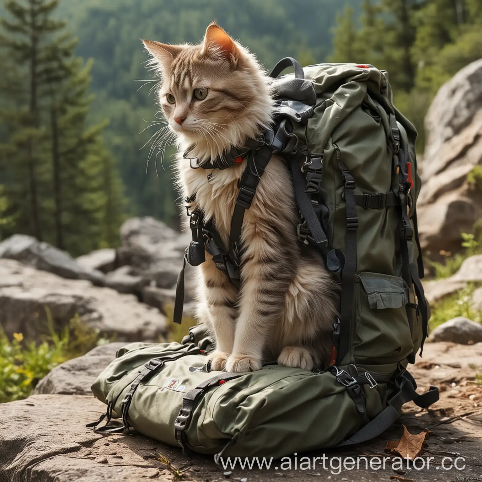 Милый котик собирает походный рюкзак в путешествие