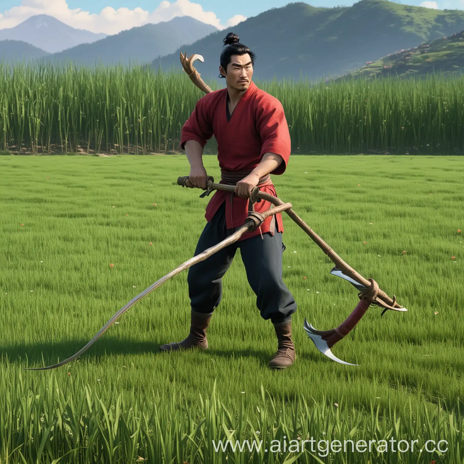 мужчина из мультика Мулан косит траву косой в поле