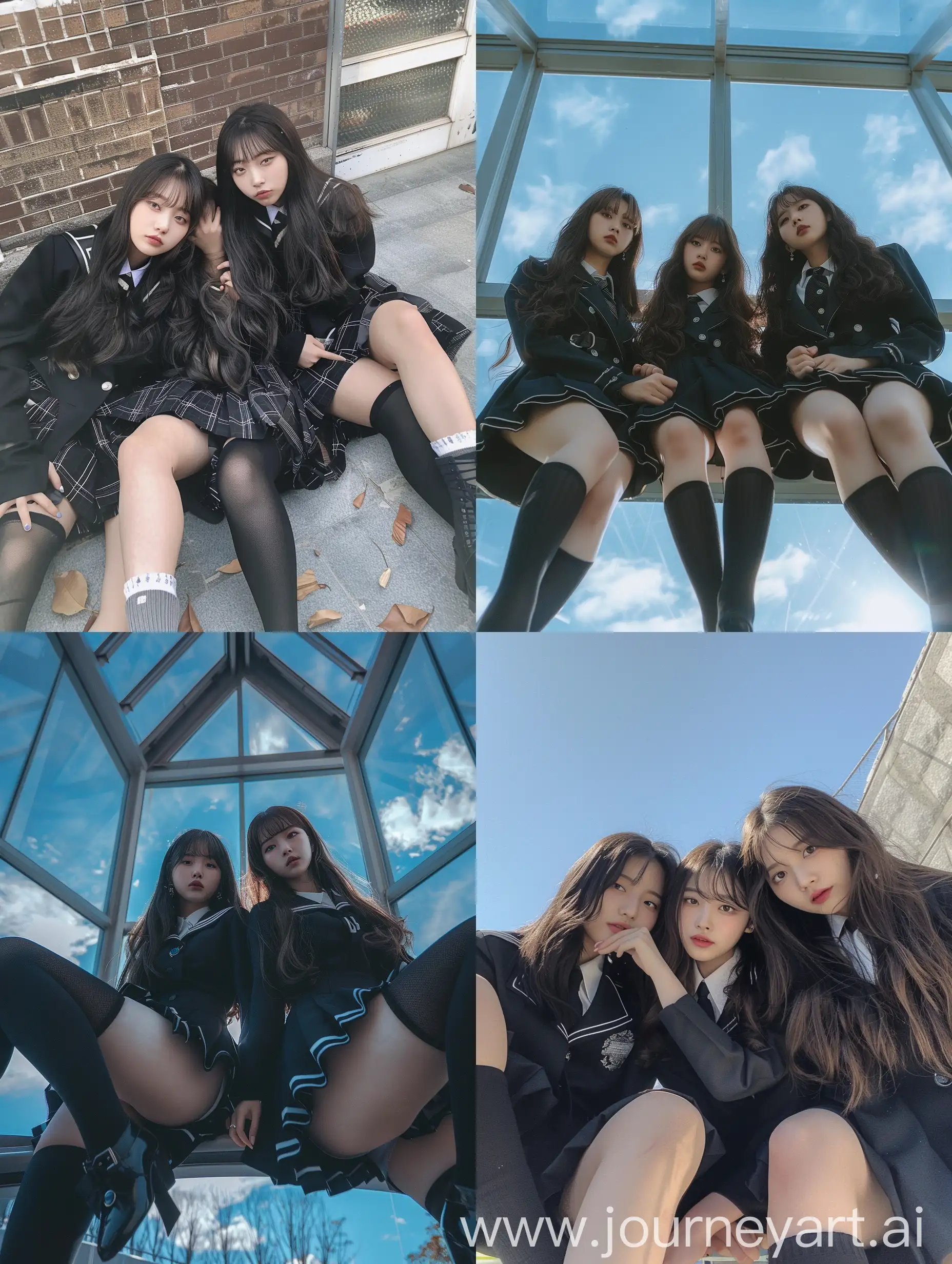 Three-Korean-Influencers-in-Black-RBD-School-Uniforms-Taking-Sky-View-Selfie