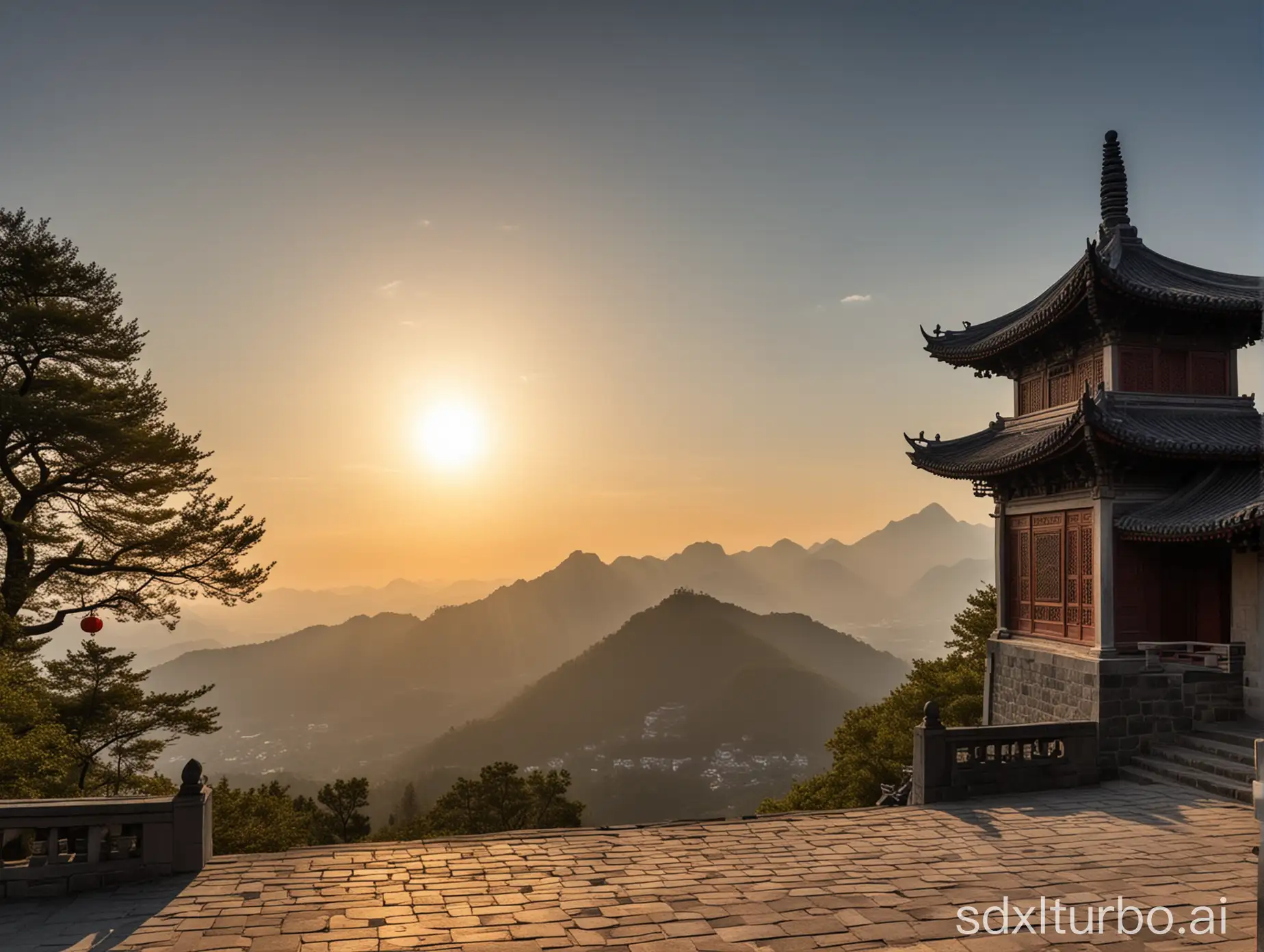 a big sun in front of a Taoist temple of Mount Wudang