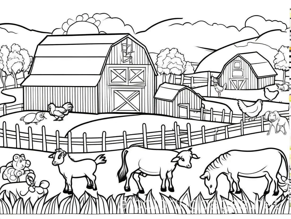 Animals on the farm, coloring page, Coloring Page, black and white, line art, white background, Simplicity, Ample White Space. The background of the coloring page is plain white to make it easy for young children to color within the lines. The outlines of all the subjects are easy to distinguish, making it simple for kids to color without too much difficulty