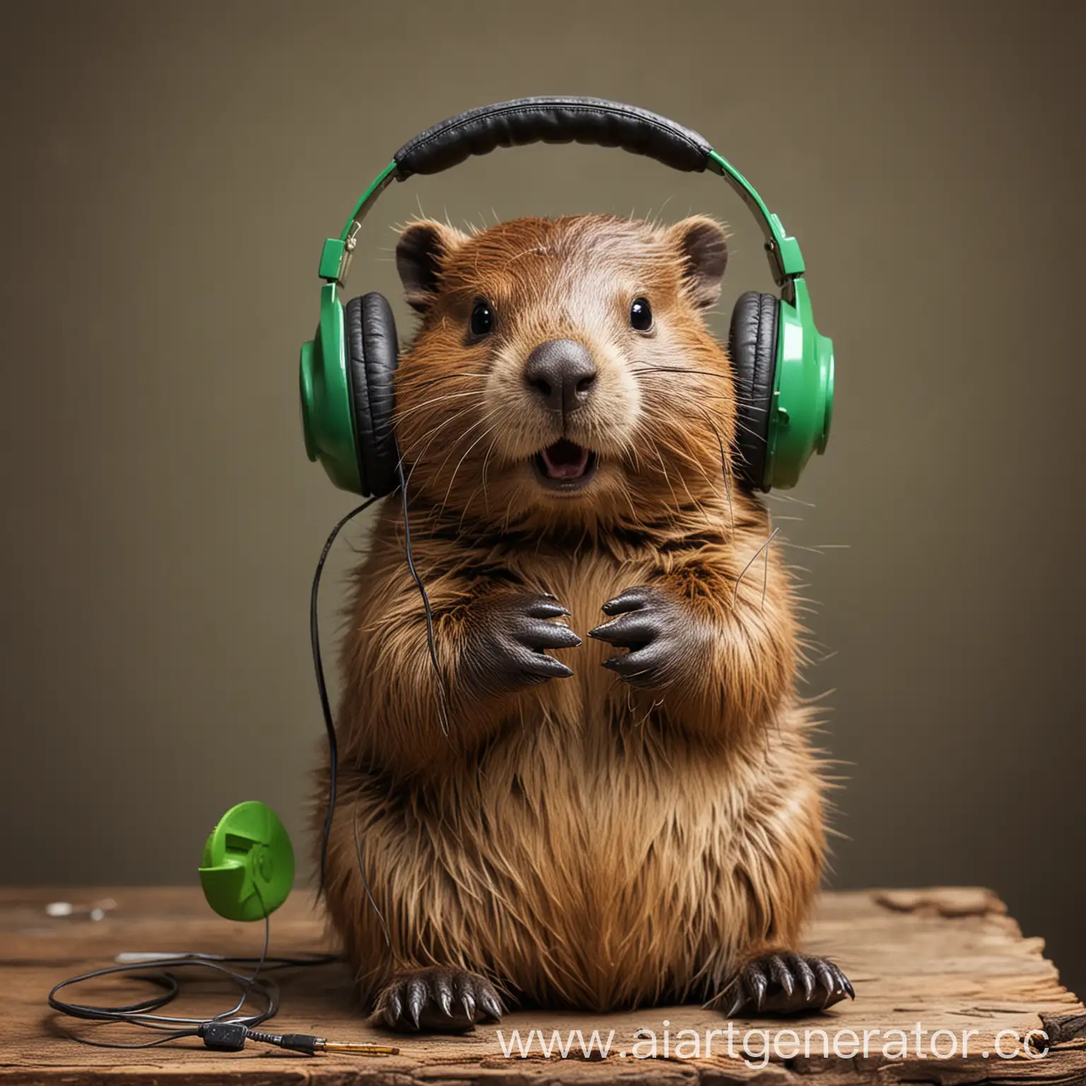 Beaver-Listening-to-Music-with-Green-Radio