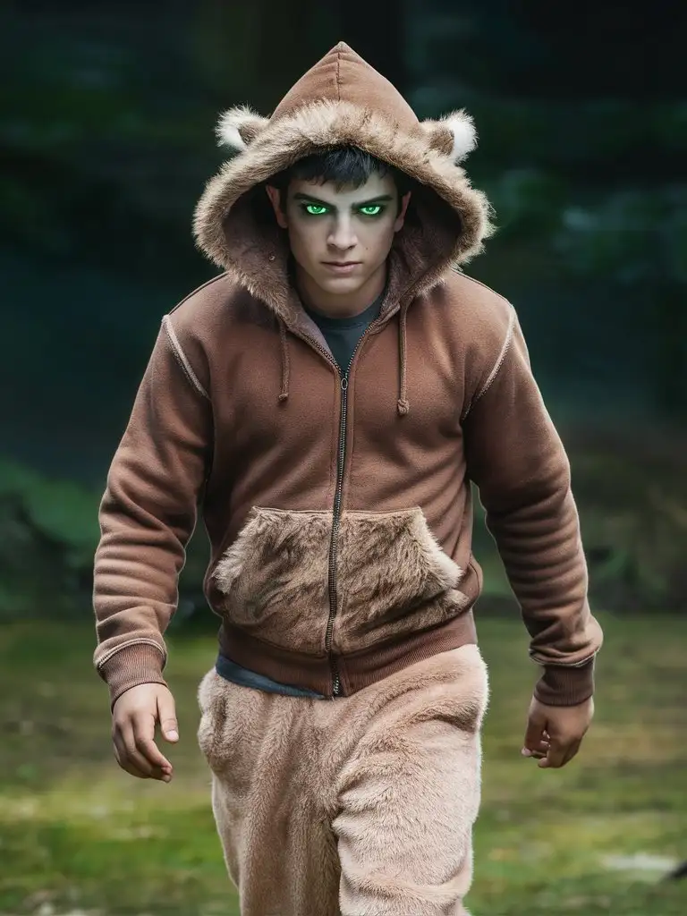 teenager boy, fur-trim-hoodie, green-glowing eyes, fluffy-fleece