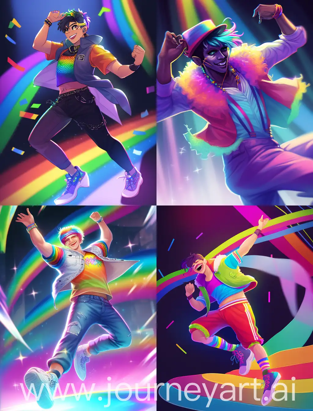 a young man in rainbow clothes, dancing at a pride party, ultra realistic