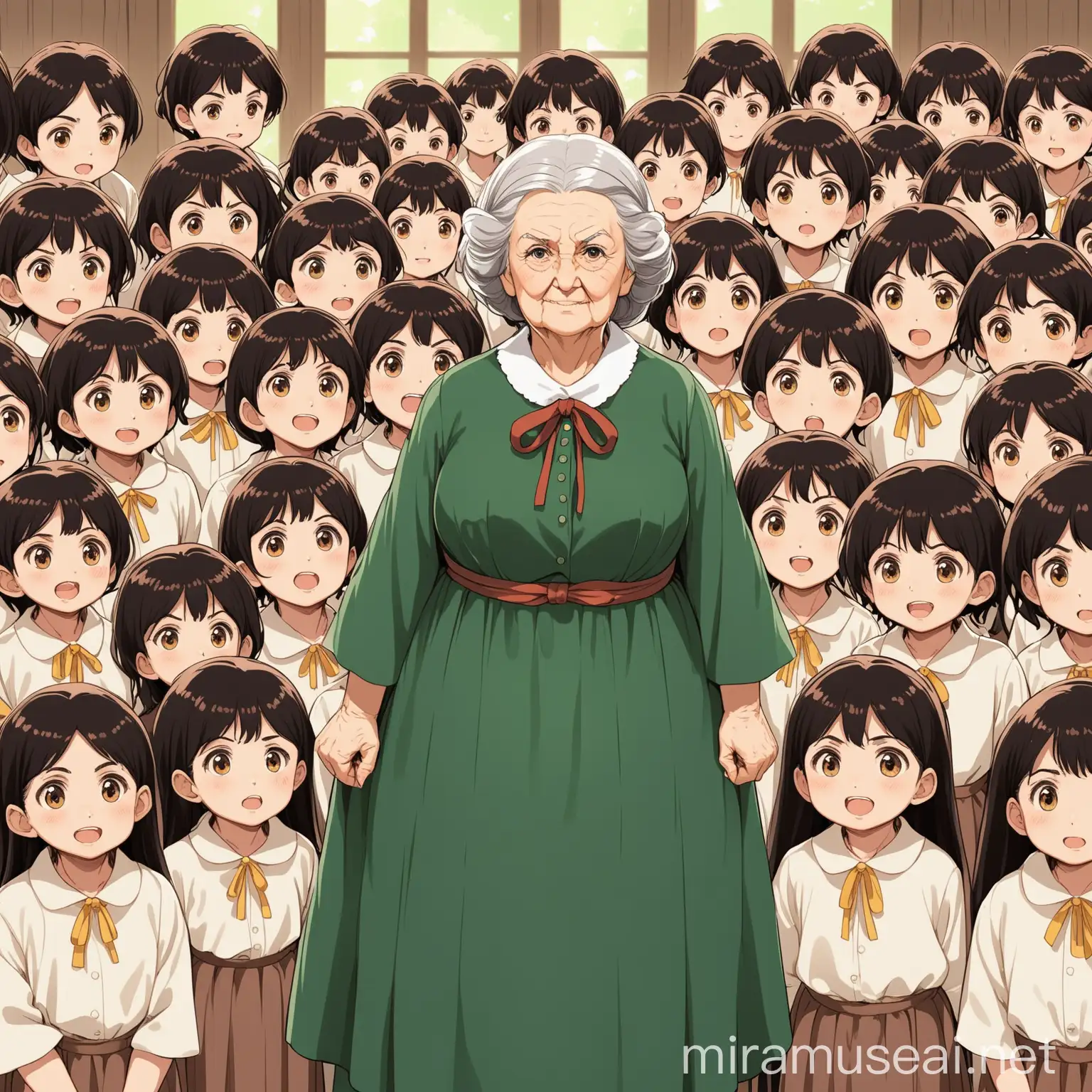Old Maria Montessori standing around a lot of students in the style of studio Ghibli