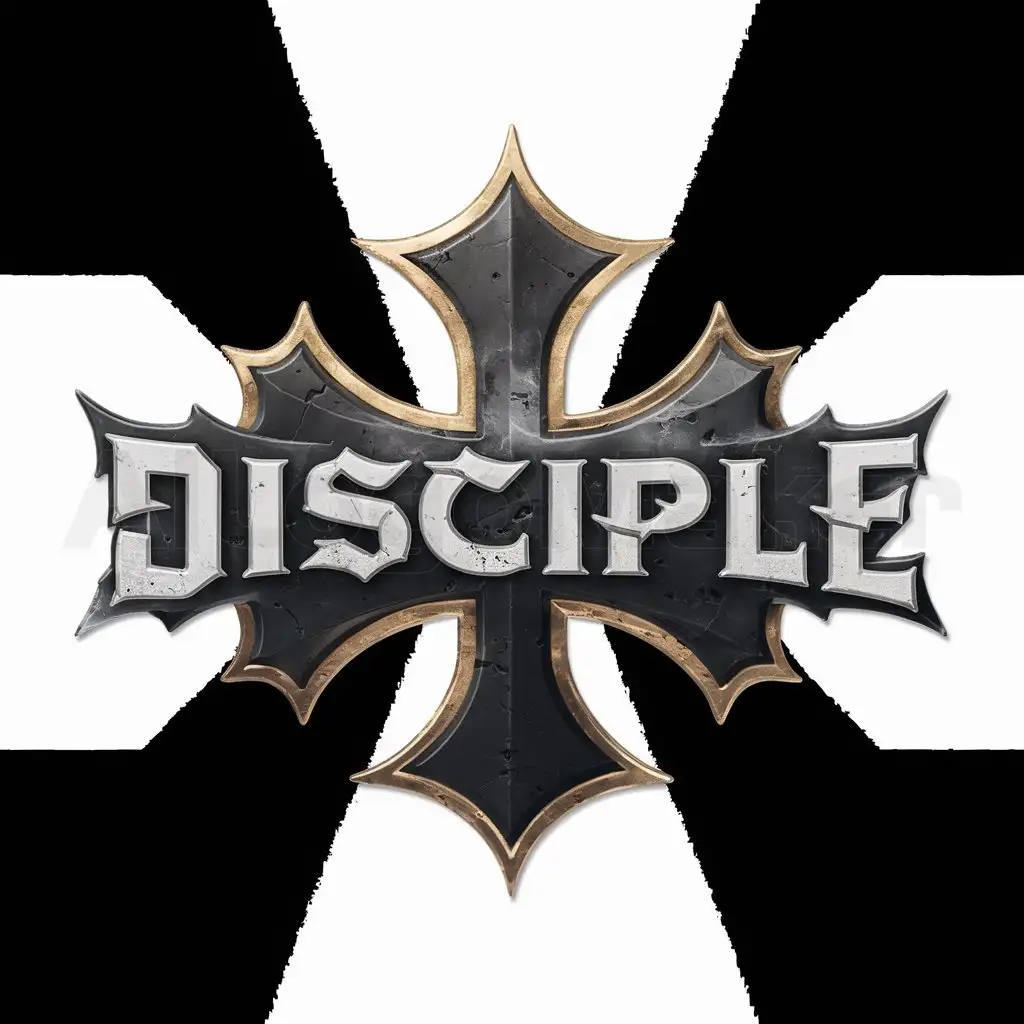 a logo design,with the text "DISCIPLE", main symbol:A black metal logo design, holy, white and gold,complex,clear background